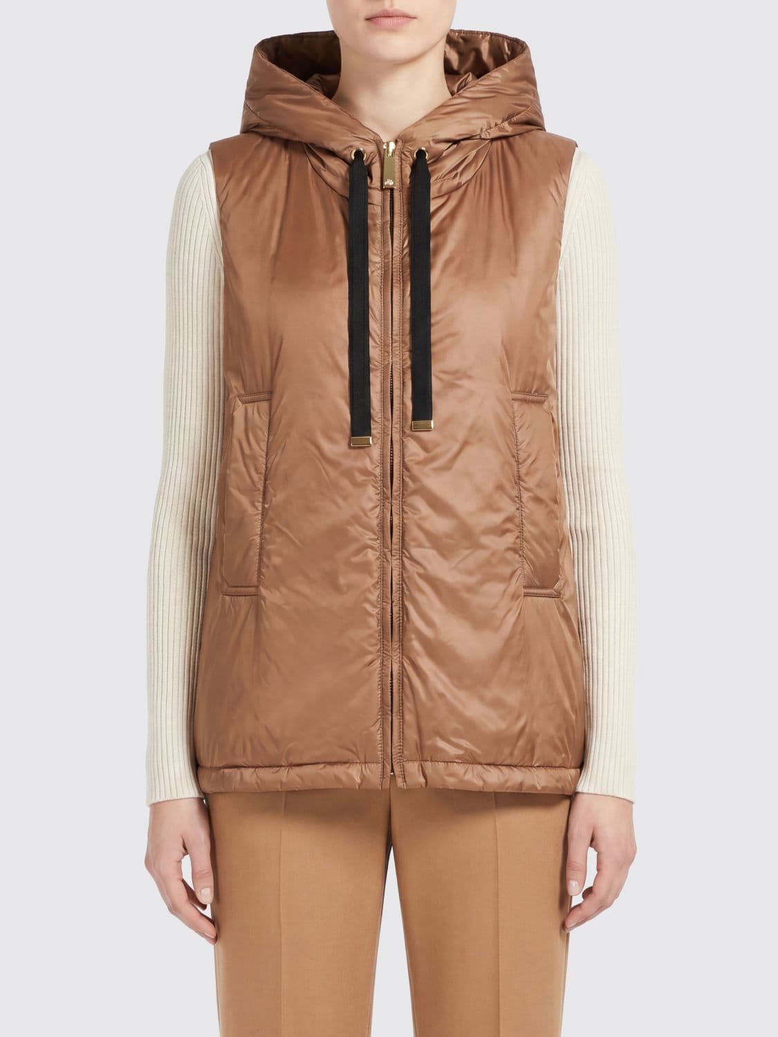 Max Mara The Cube Padded Technical Fabric Vest with Hood and High Neck