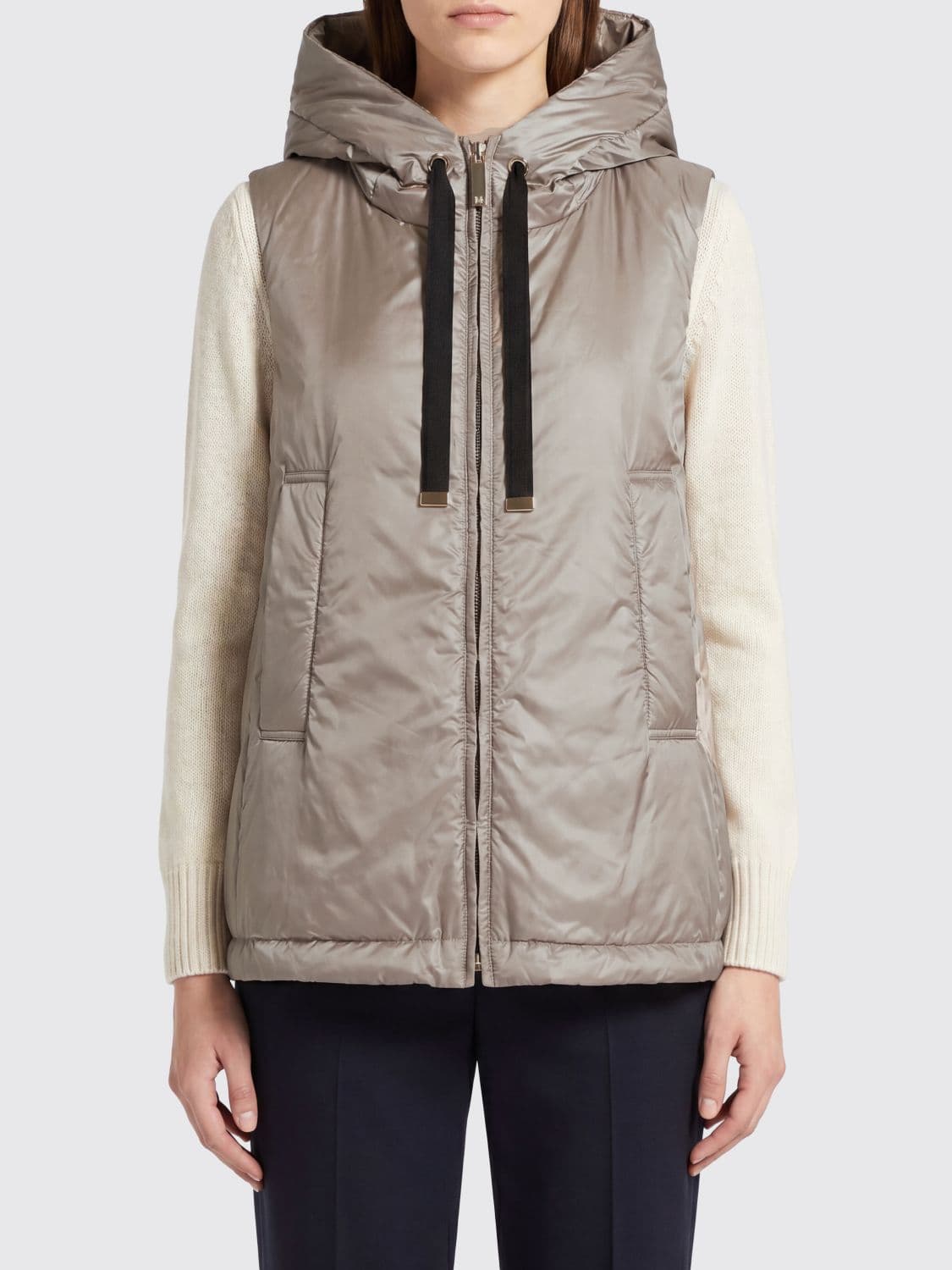 Max Mara The Cube Padded Technical Fabric Vest with Hood and High Neck