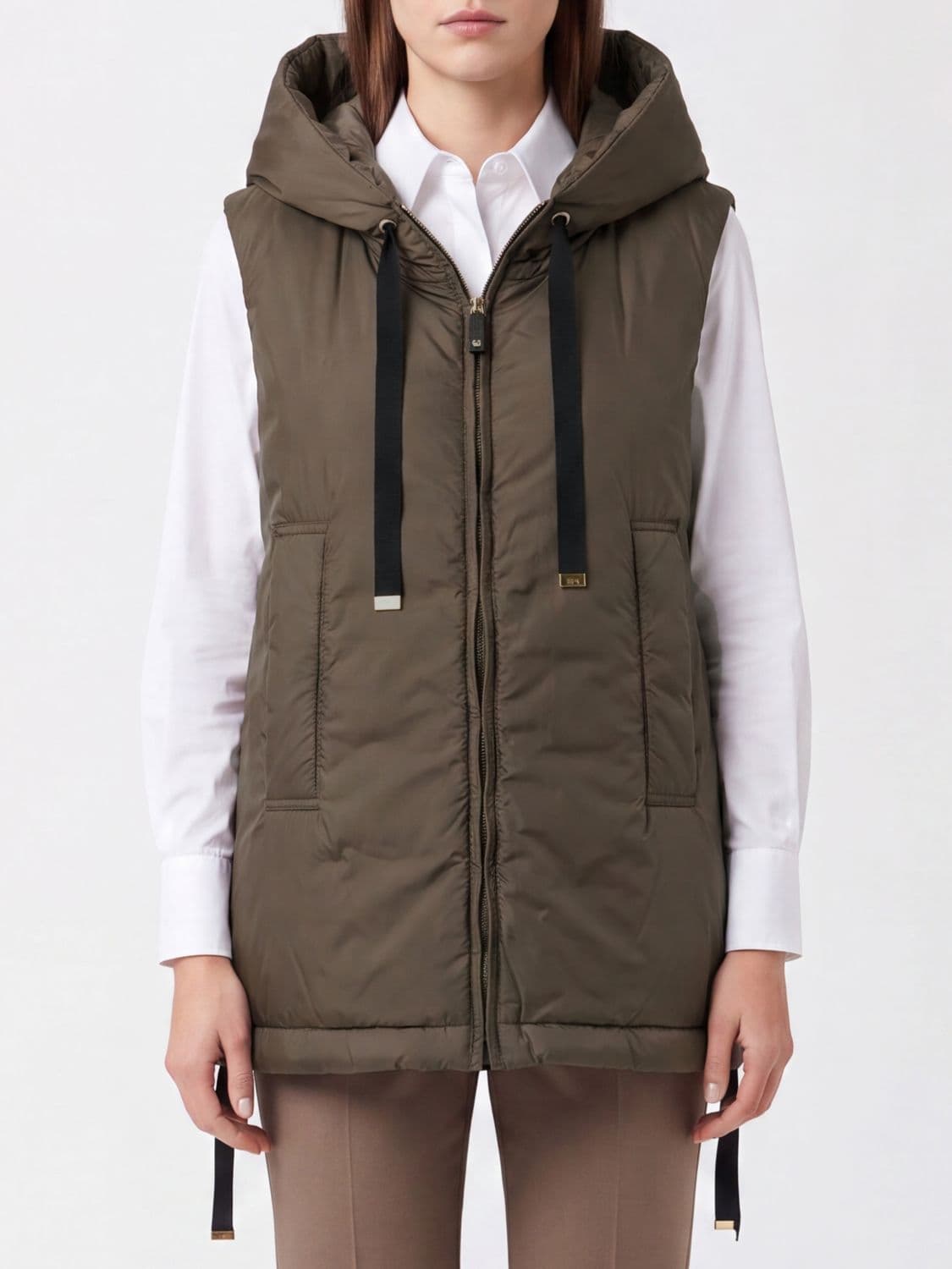 Max Mara The Cube Padded Technical Fabric Vest with Hood and High Neck