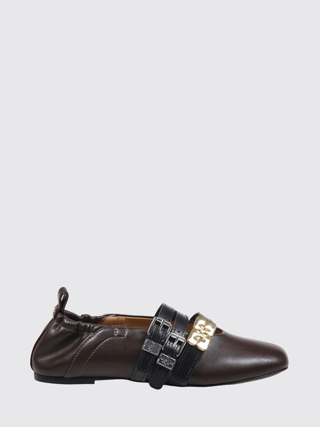 Ganni Recycled Leather Mary Jane Flats with Double Strap and Butterfly Logo