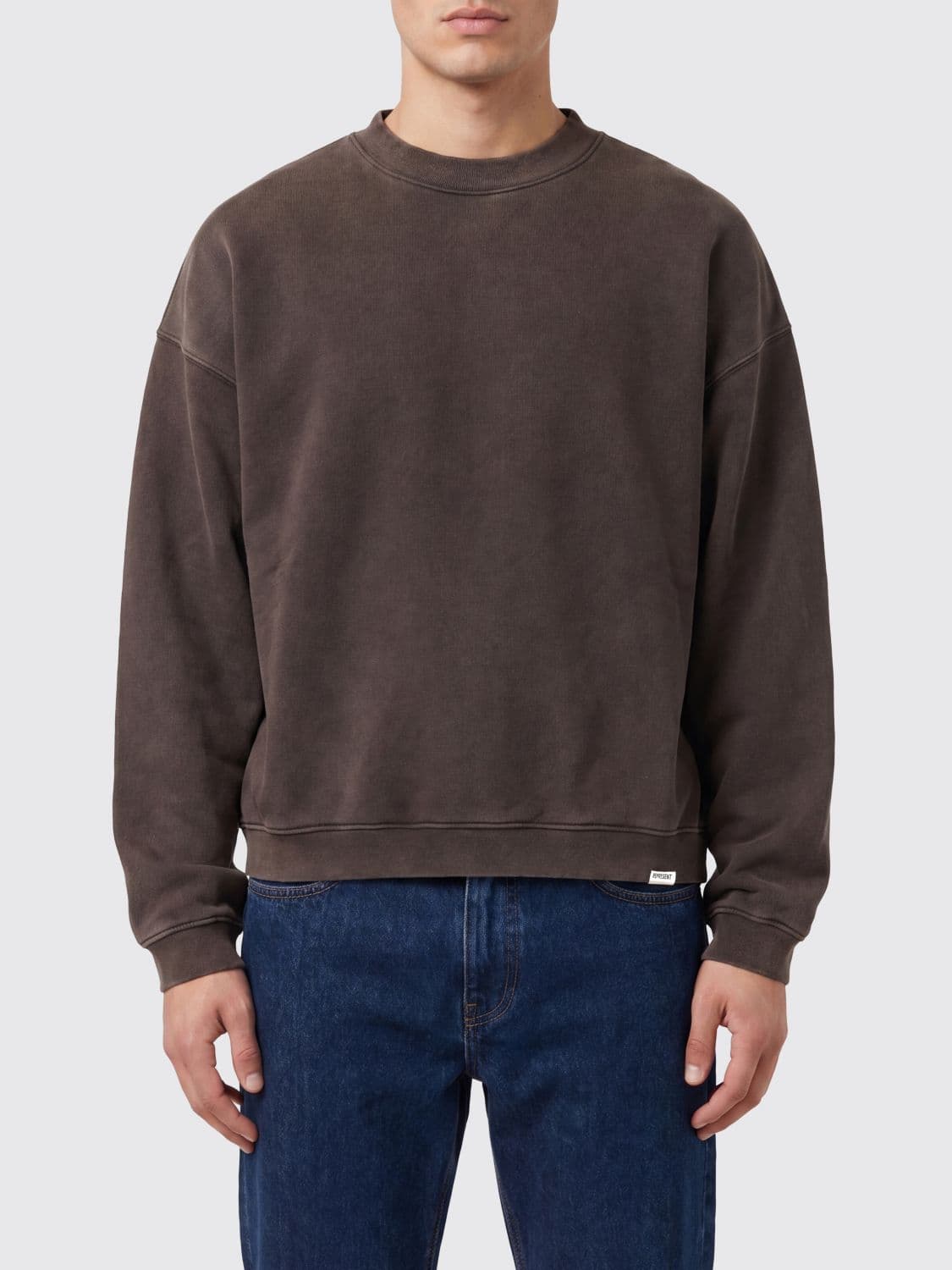 Represent Crewneck Sweatshirt in Brown Cotton with Applied Logo and Dropped Shoulders