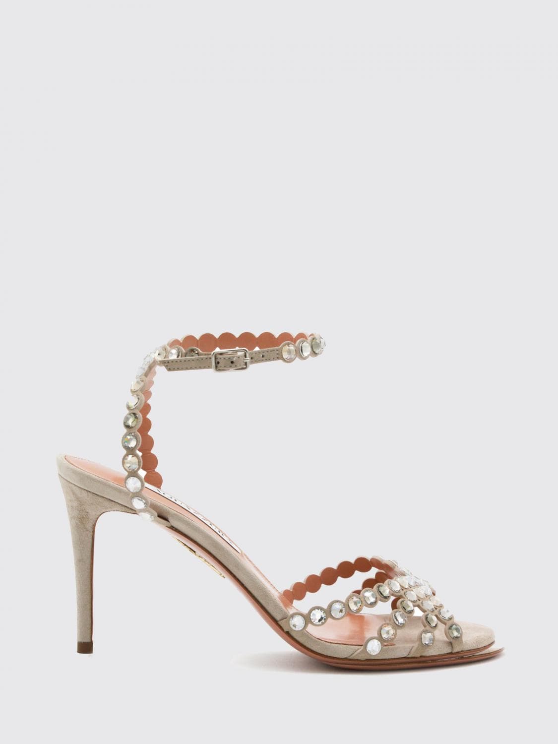 Aquazzura Tequila Sandals in Suede with Crystals and Stiletto Heels