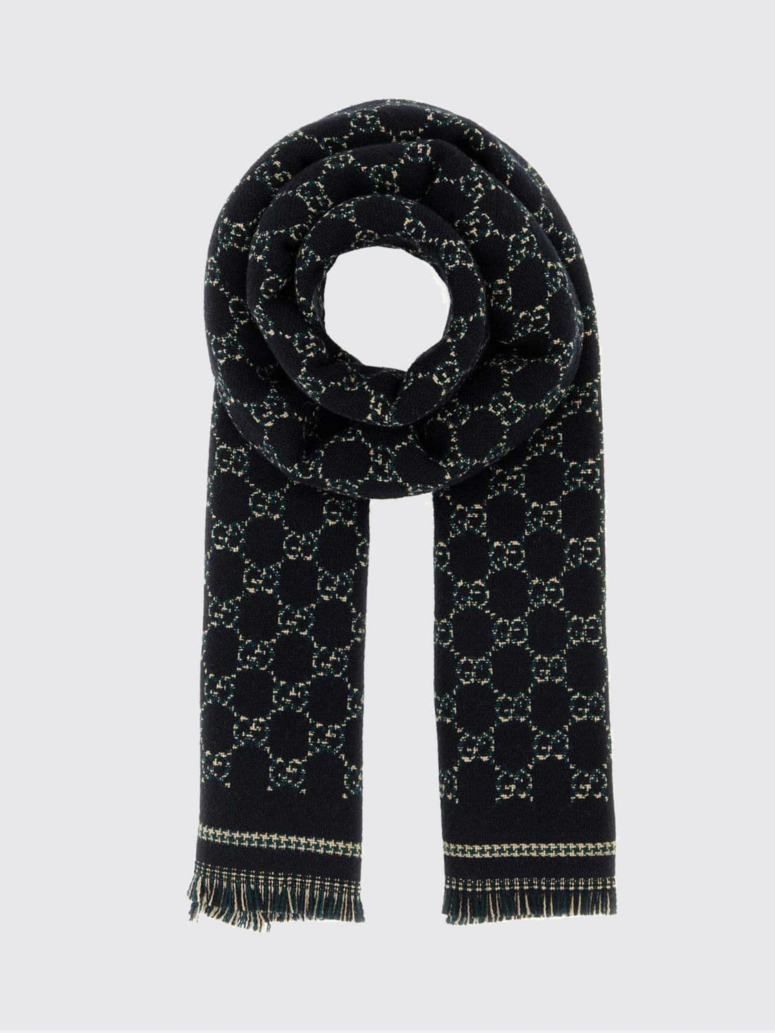 Gucci All-Over GG Motif Wool Scarf with Fringed Edges