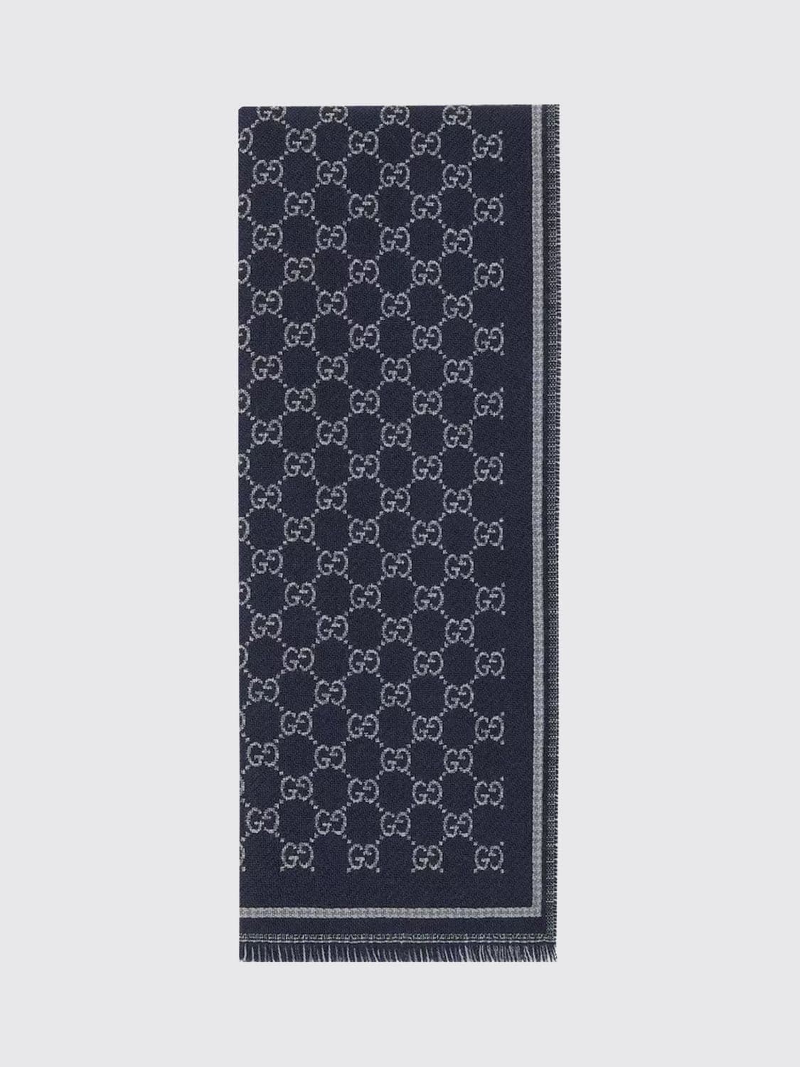 Gucci All-Over GG Motif Wool Scarf with Fringed Edges