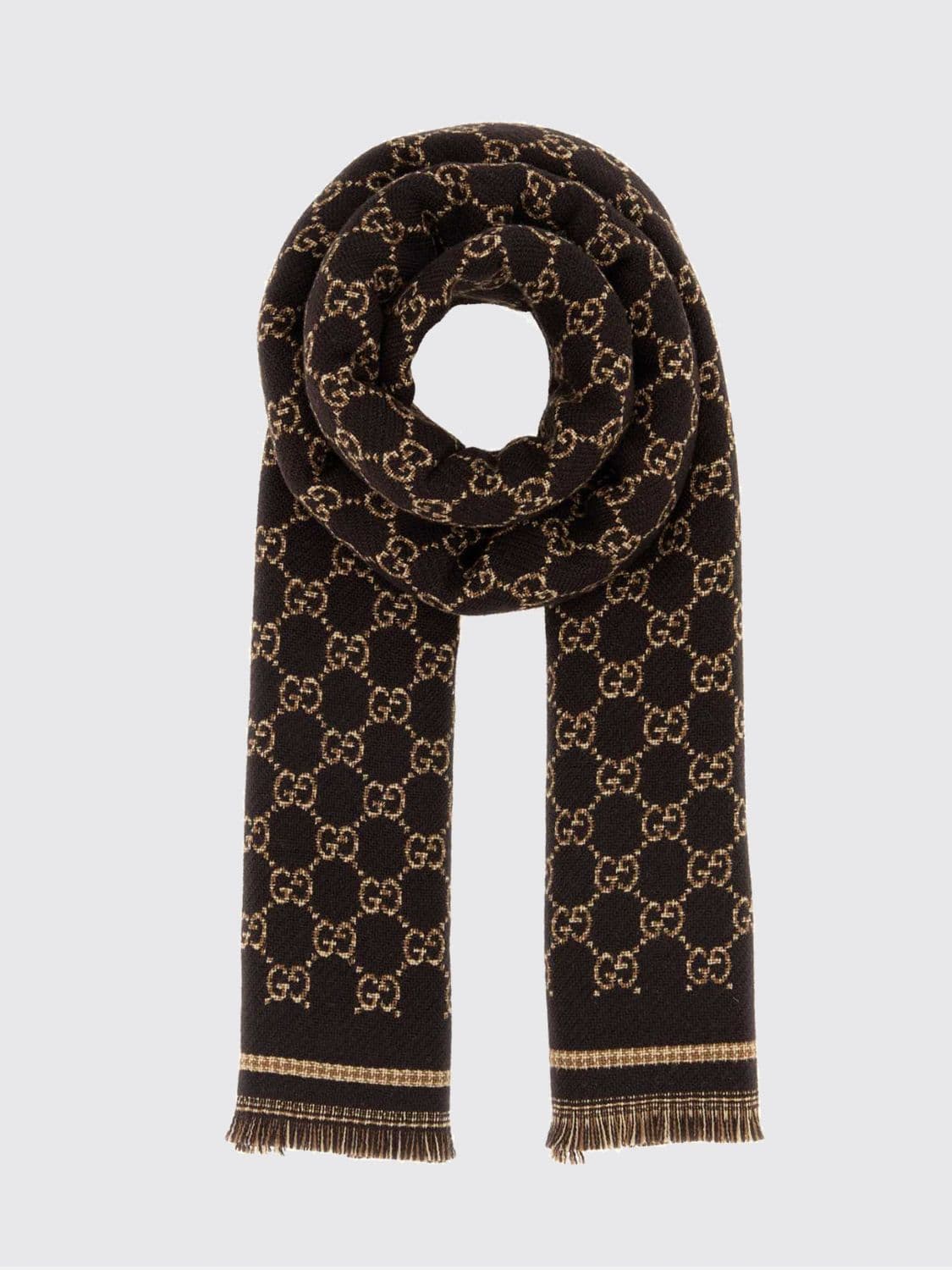 Gucci All-Over GG Motif Wool Scarf with Fringed Edges · OS