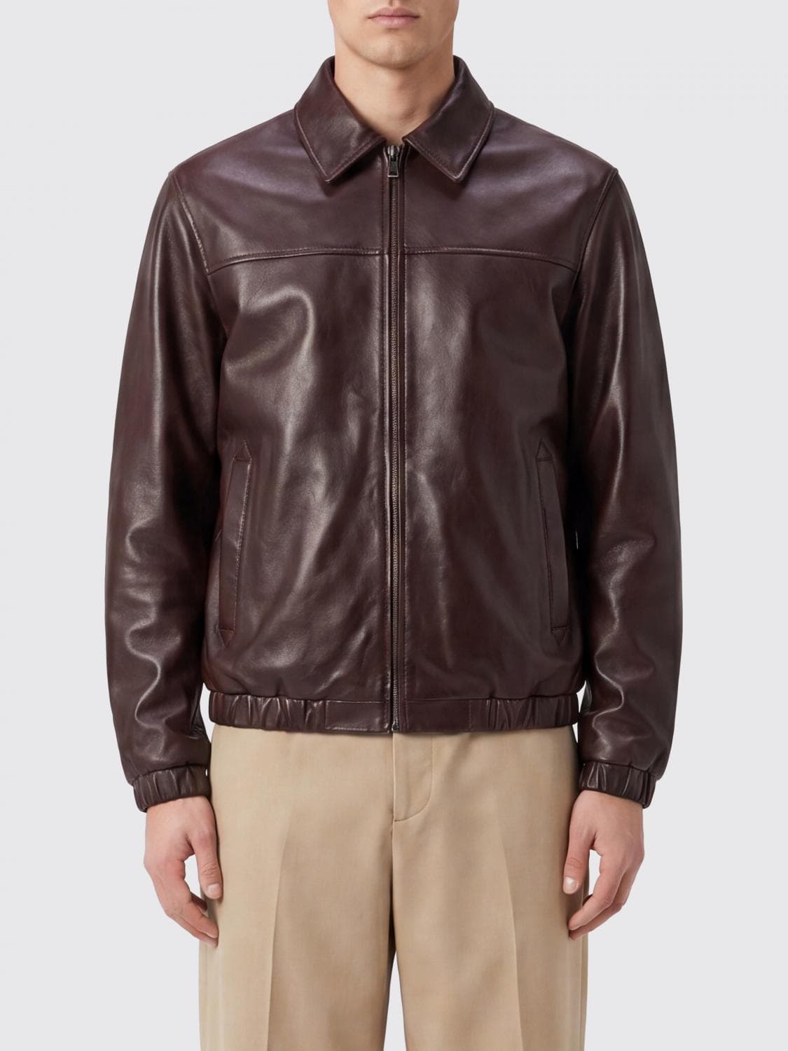 Canali Smooth Leather Shirt Jacket with Zip Closure and Elasticated Hem