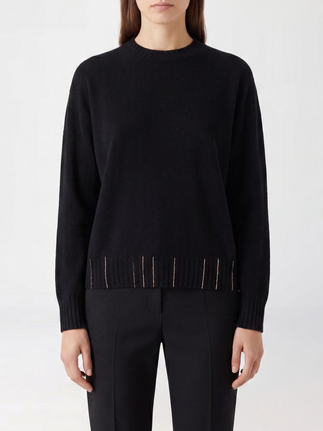 Fabiana Filippi Virgin Wool Silk and Cashmere Crewneck Jumper with Monili