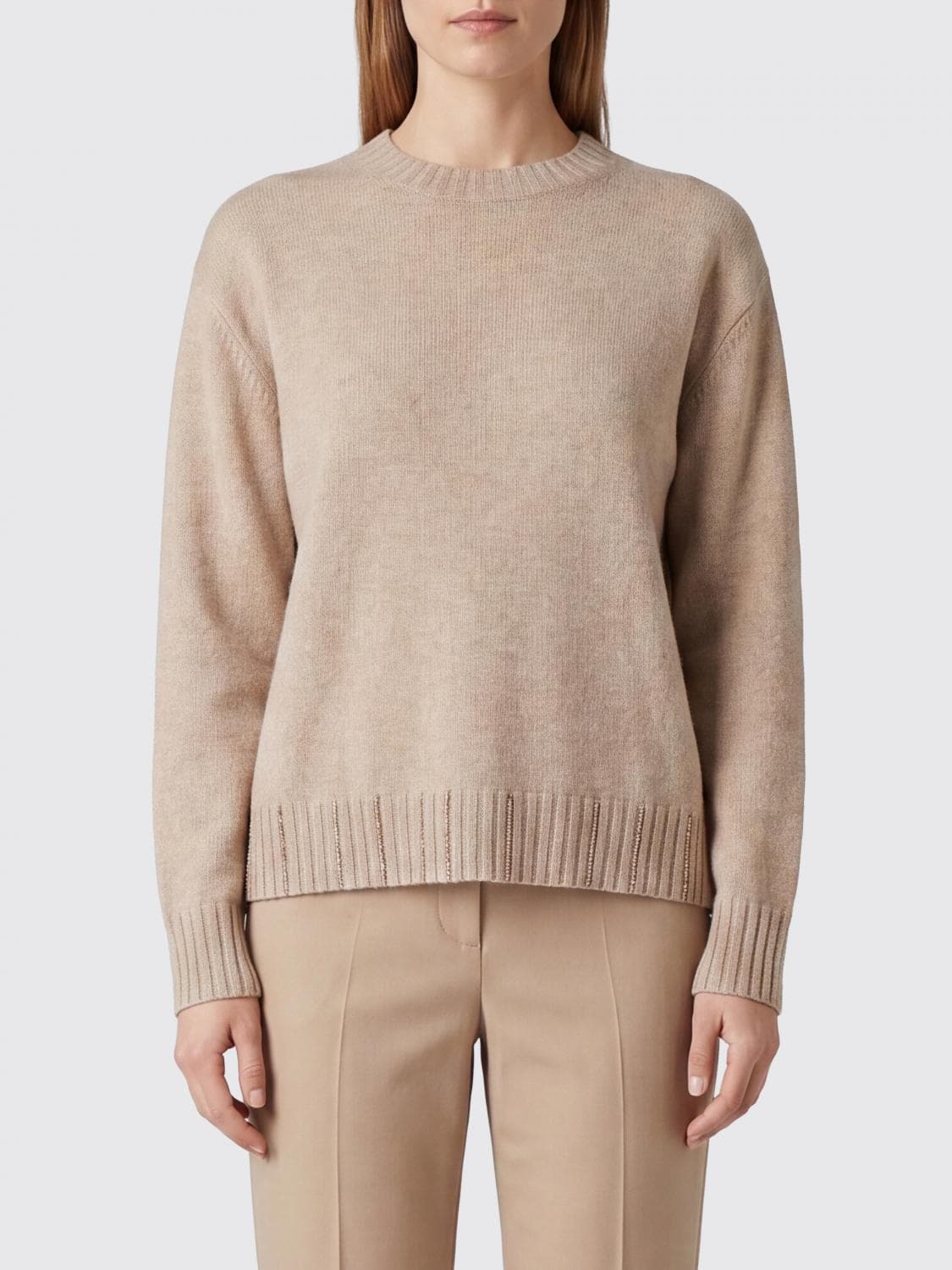 Fabiana Filippi Virgin Wool Silk and Cashmere Crewneck Jumper with Monili