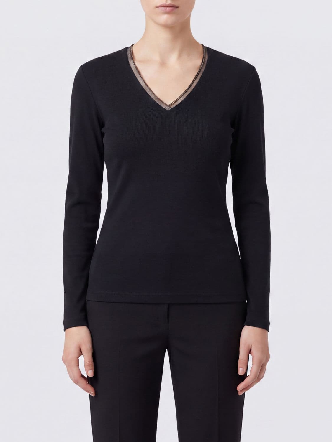 Fabiana Filippi Long-Sleeved V-Neck T-shirt in Cotton with Contrast Trims