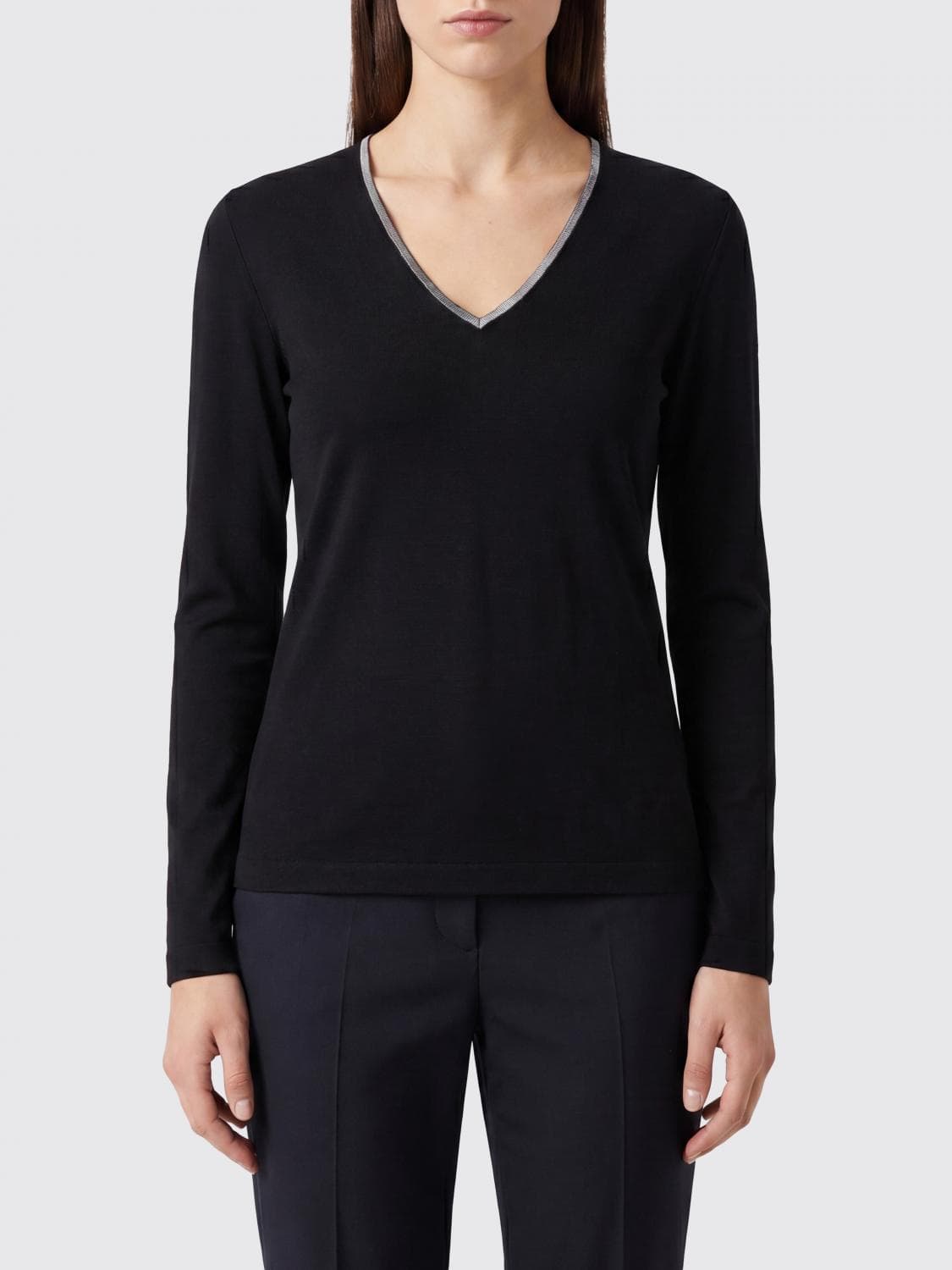 Fabiana Filippi Long-Sleeved V-Neck T-shirt in Cotton with Contrast Trims