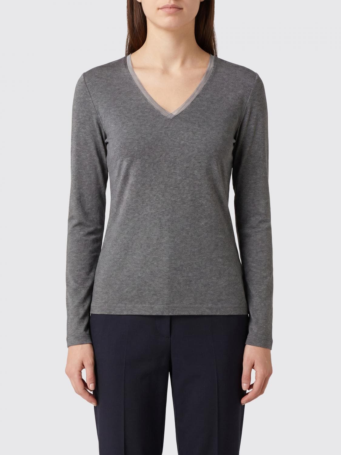 Fabiana Filippi Long-Sleeved V-Neck T-shirt in Cotton with Contrast Trims