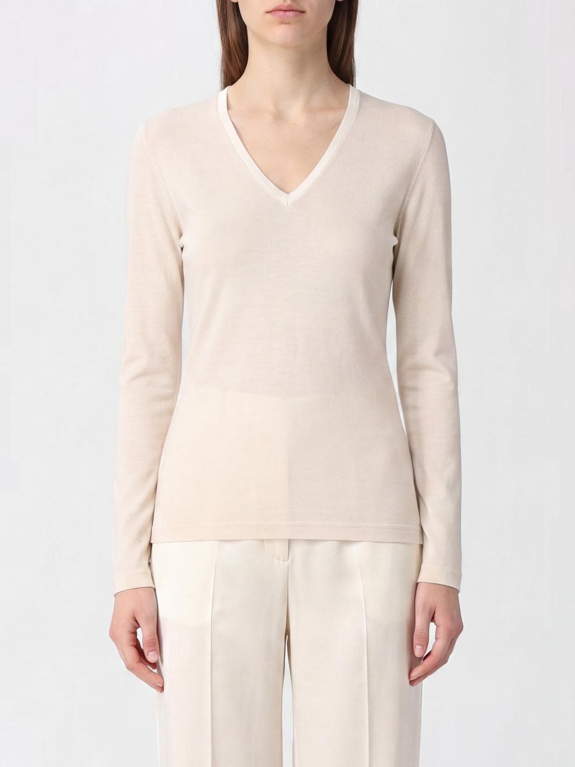 Fabiana Filippi Long-Sleeved V-Neck T-shirt in Cotton with Contrast Trims