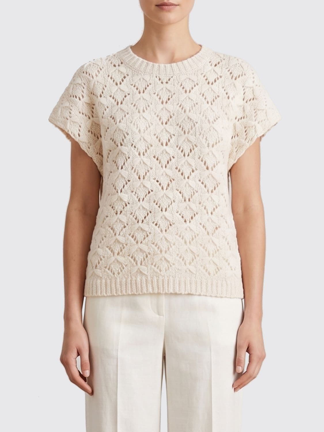 Fabiana Filippi Short-Sleeved Cotton Crewneck Top with Ribbed Edges
