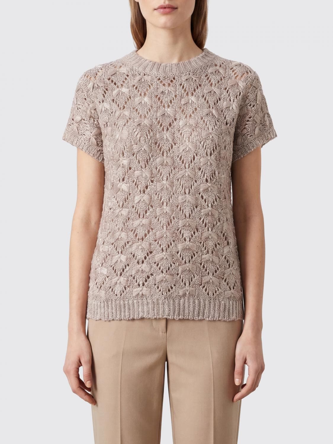 Fabiana Filippi Short-Sleeved Cotton Crewneck Top with Ribbed Edges