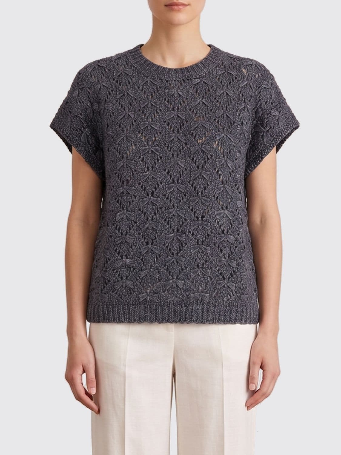 Fabiana Filippi Short-Sleeved Cotton Crewneck Top with Ribbed Edges