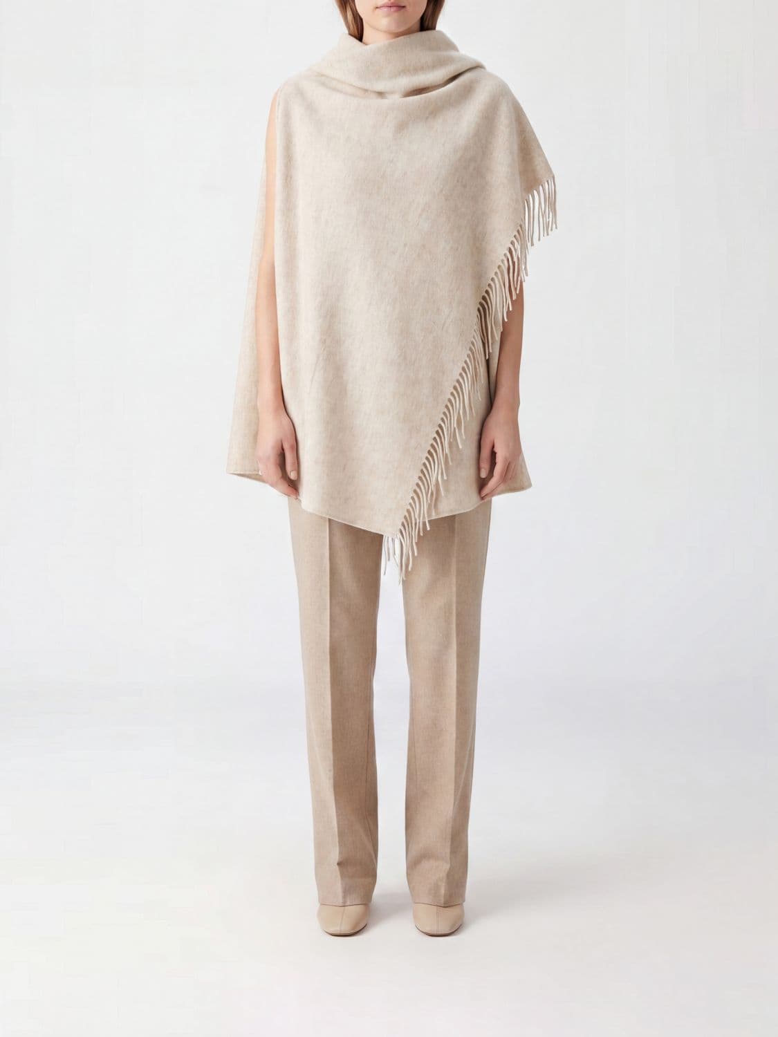 Fabiana Filippi High-Neck Wool Cape with Concealed Closure and Fringes