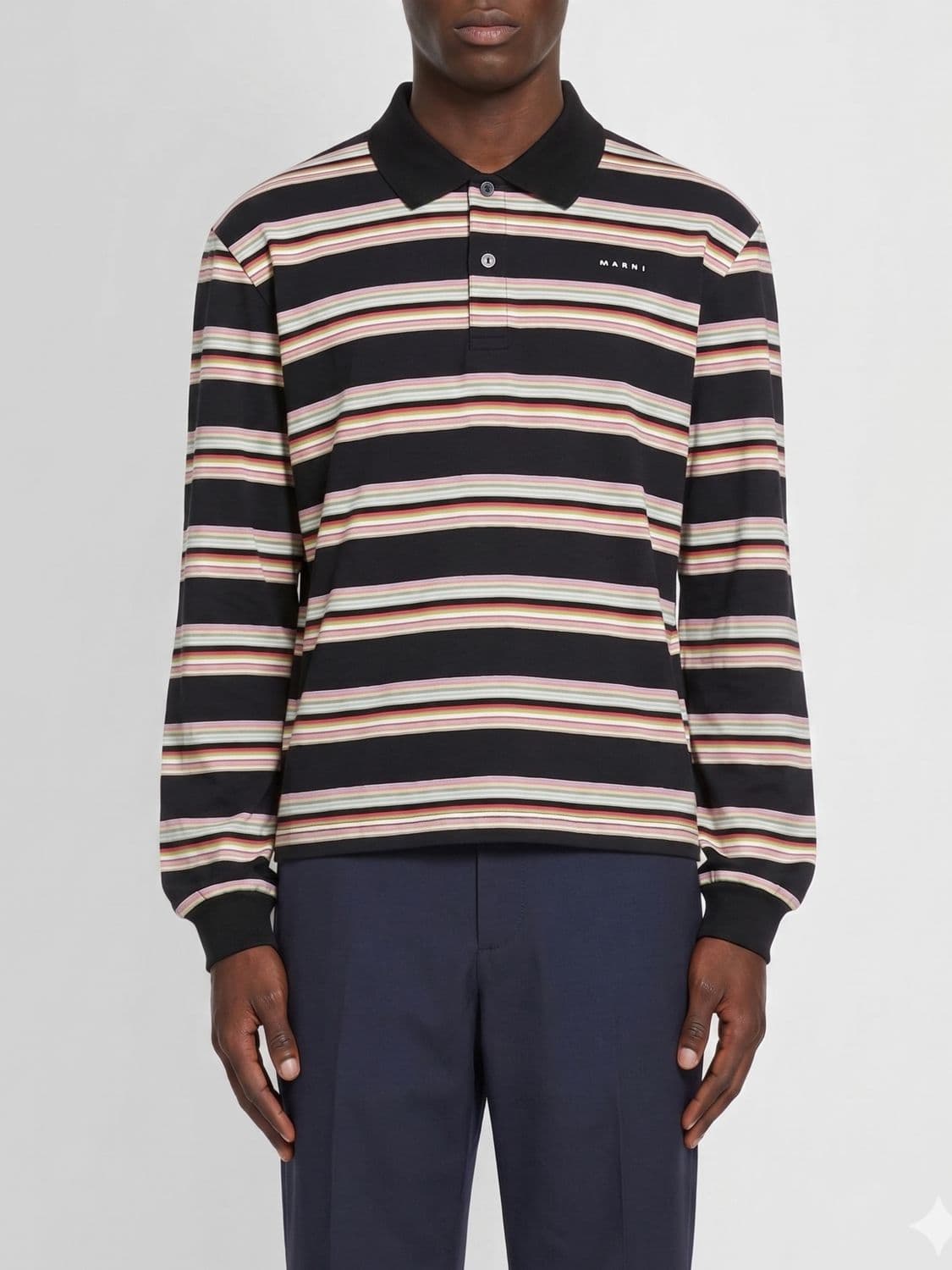 Marni Long-Sleeved Striped Cotton Polo Shirt with Contrast Logo