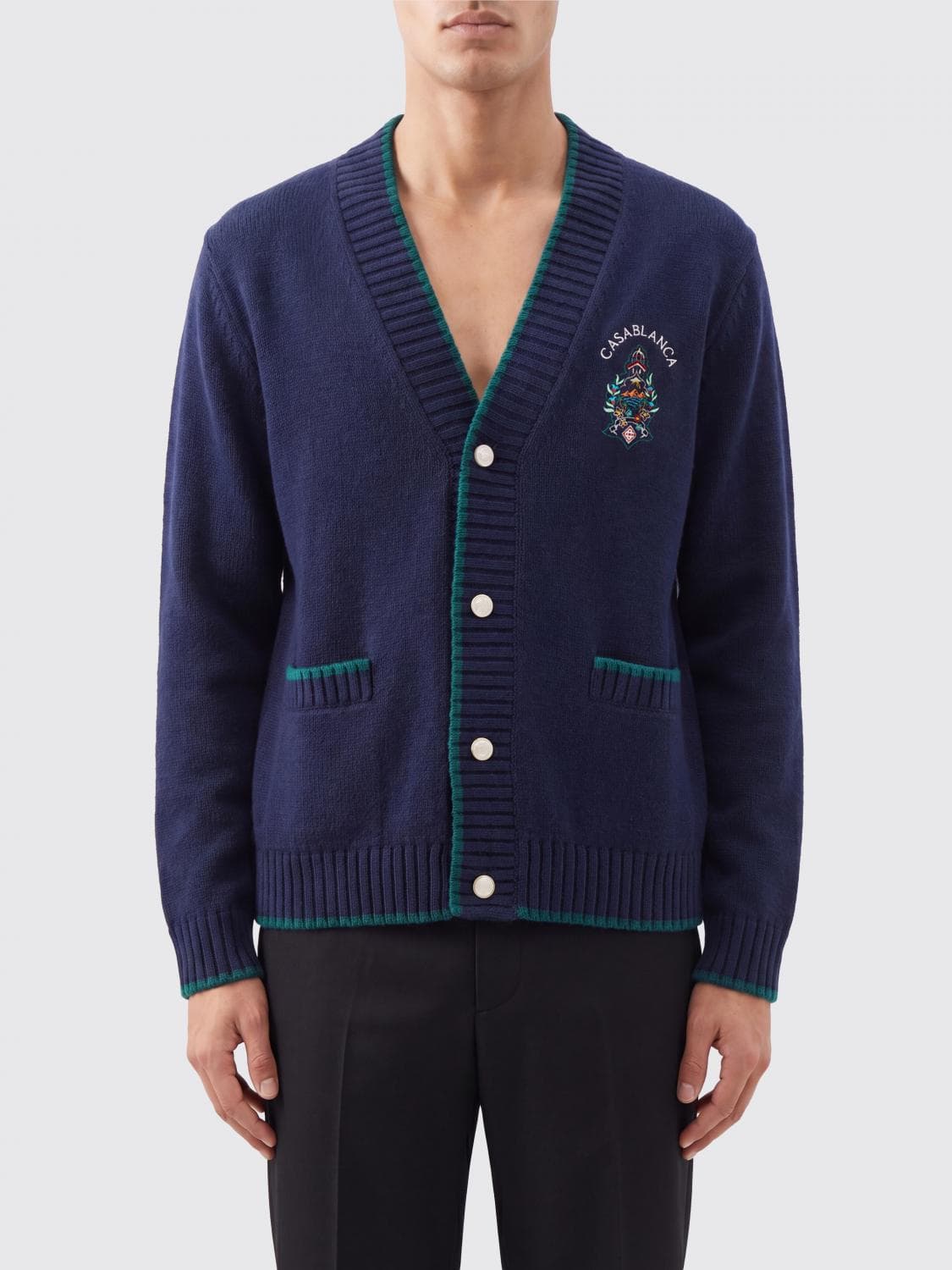 Casablanca V-Neck Wool and Cashmere Cardigan with Jacquard Logo