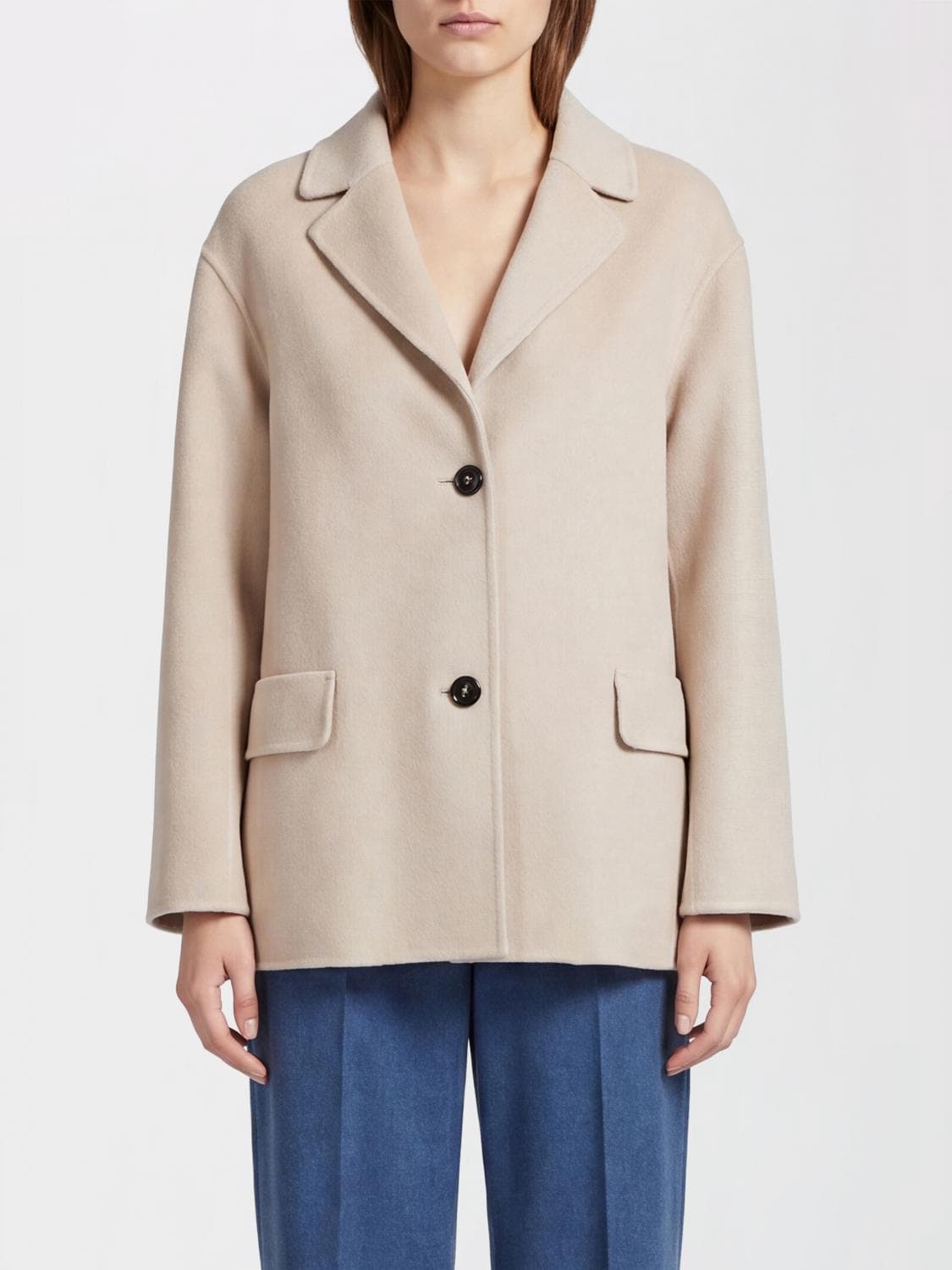 's Max Mara Short Single-Breasted Coat in Pure Virgin Wool with Lapel Collar