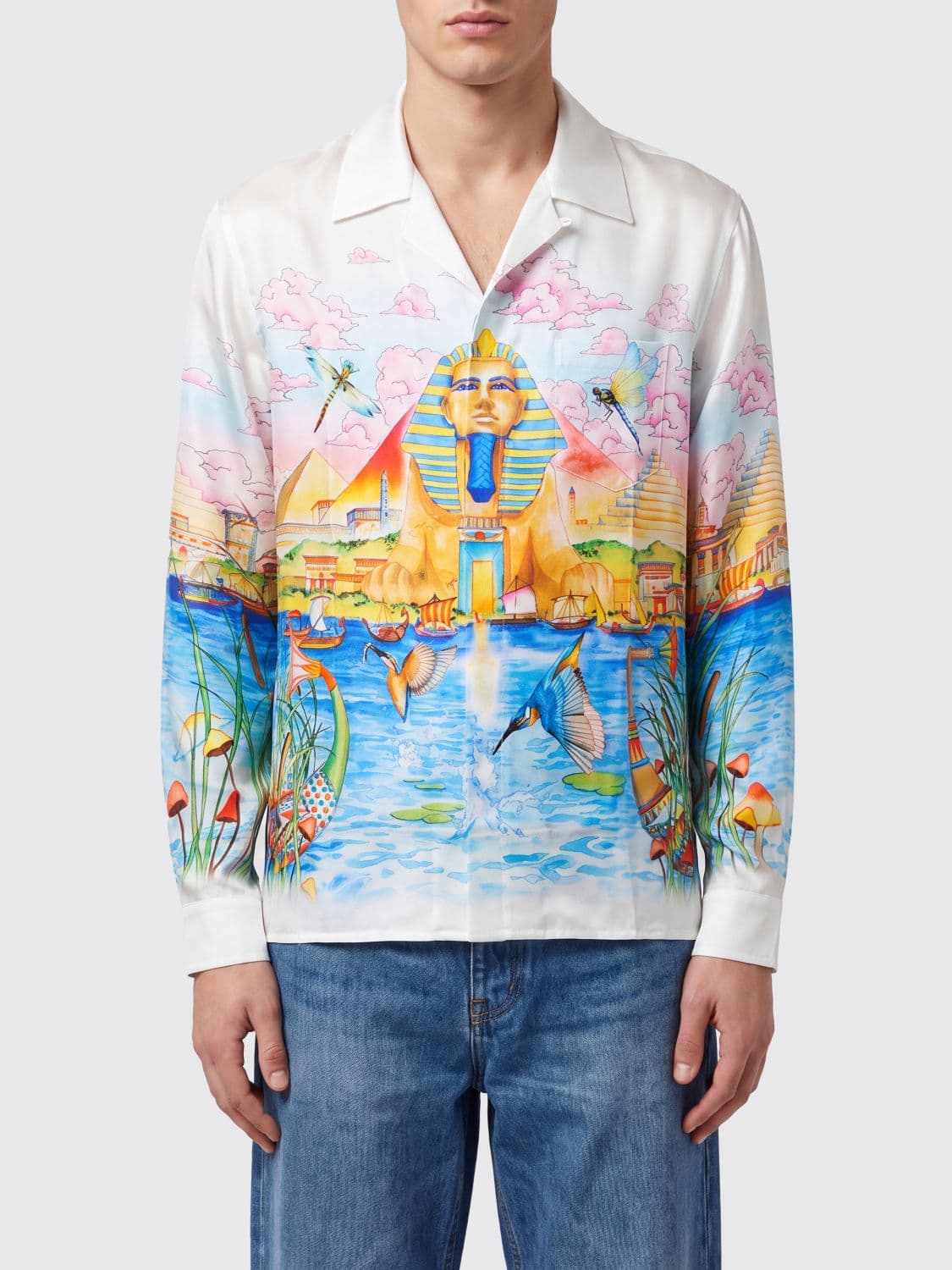 Casablanca Graphic Print Silk Shirt with Cuban Collar