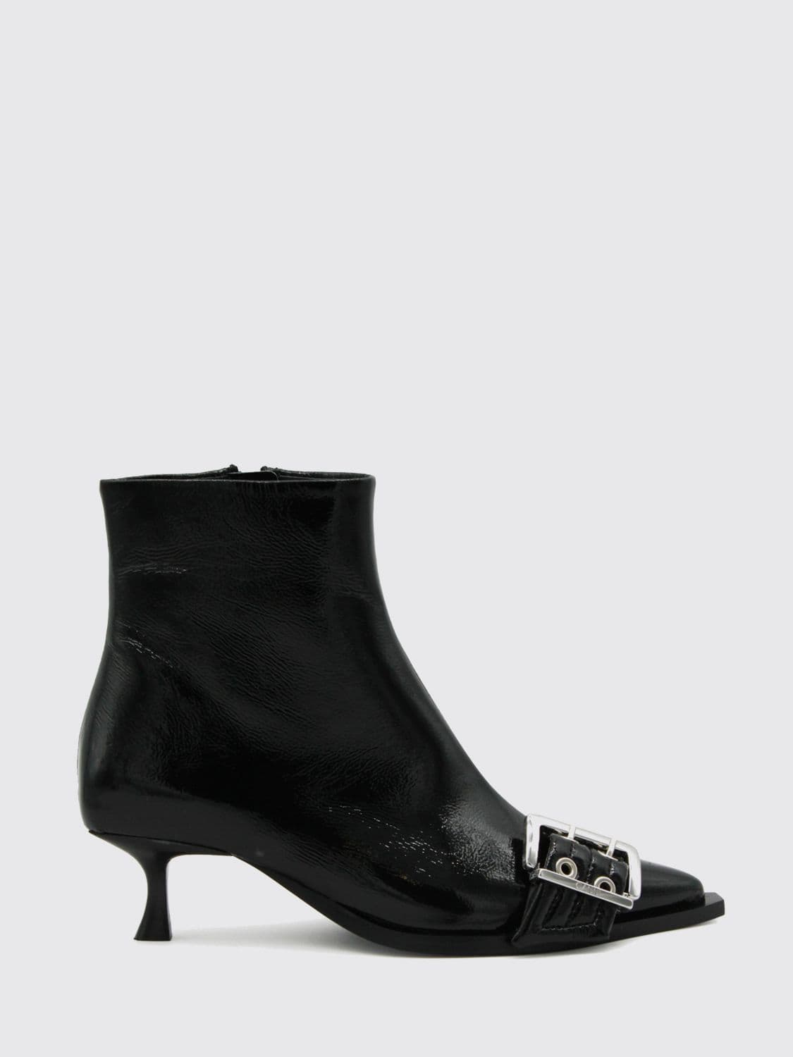 Ganni Pointed Ankle Boots in Faux Leather with Stiletto Heel and Buckle