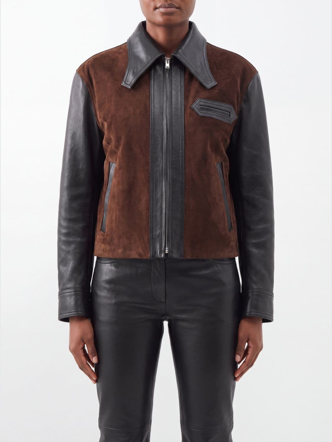 Marni Cropped Bicolor Suede Leather Jacket with Zip Closure