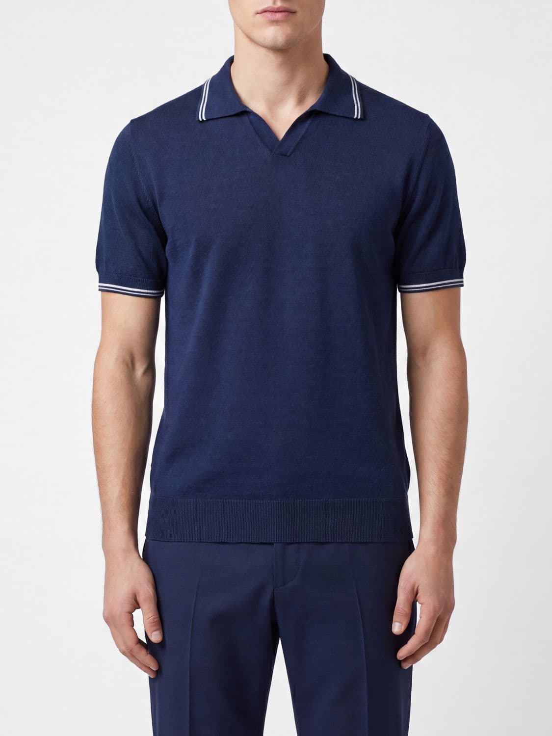 Fedeli Short-Sleeved Knit Polo in Cashmere and Silk with Contrast Trims