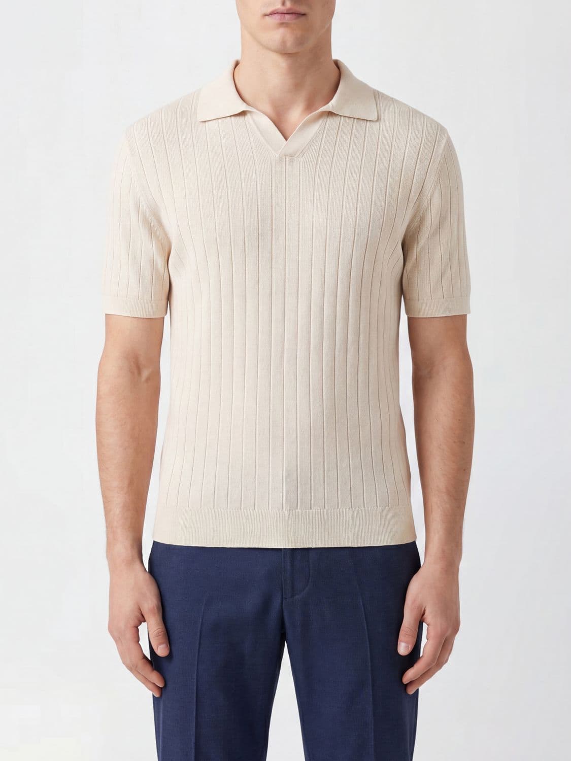 Fedeli Slim Fit V-Neck Knit Polo in Organic Cotton with Short Sleeves · 56