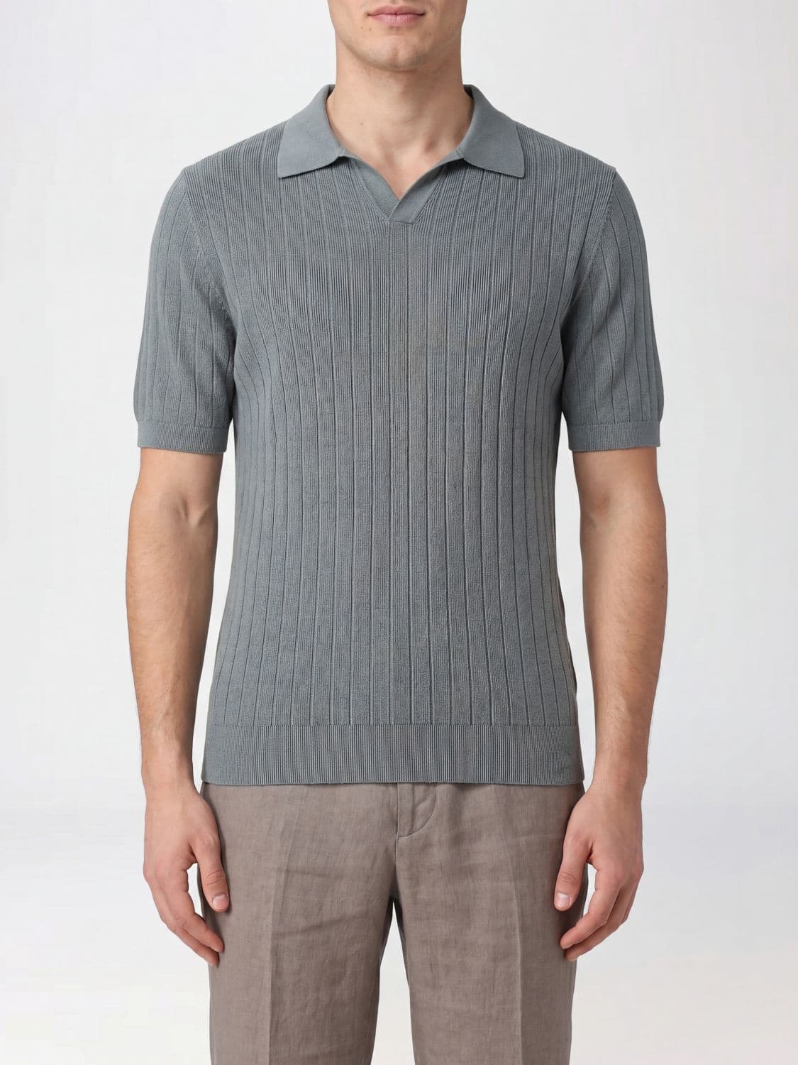 Fedeli Slim Fit V-Neck Knit Polo in Organic Cotton with Short Sleeves · 48