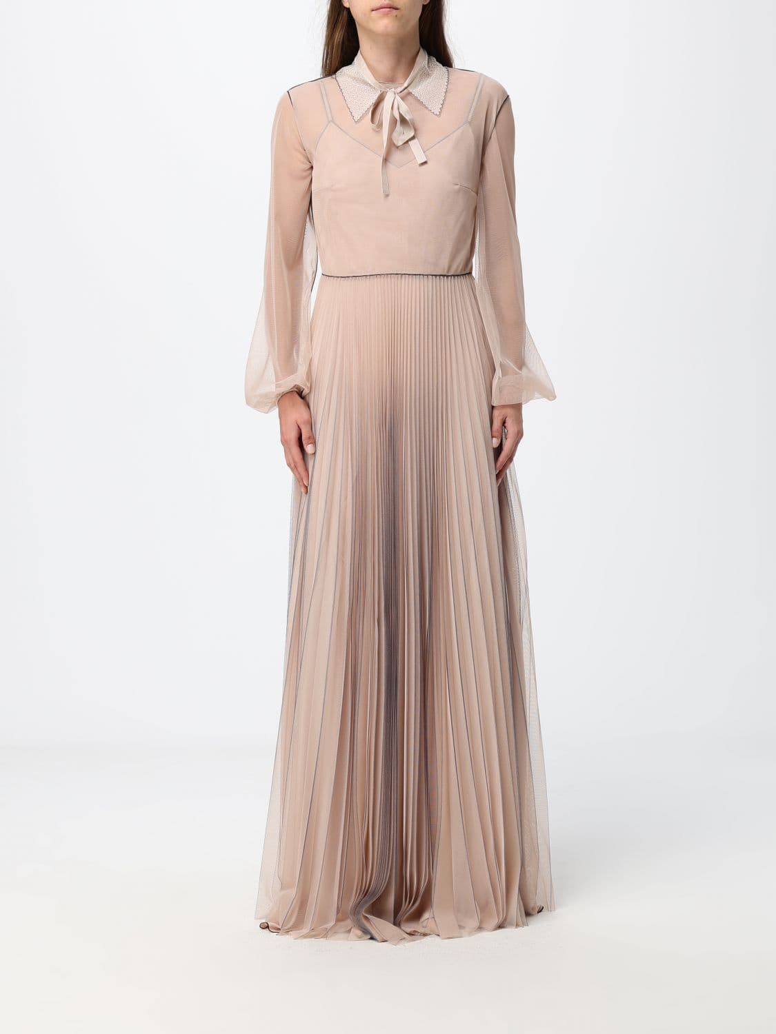 Fabiana Filippi Pleated Tulle Long Chemisier Dress with Detachable Collar