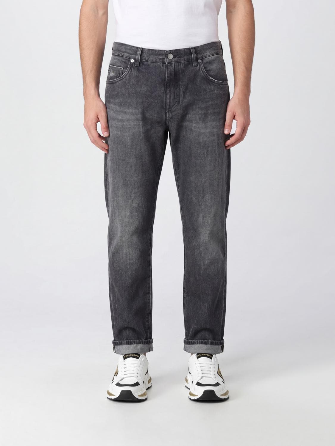 Dolce & Gabbana Straight Fit Five-Pocket Jeans in Cotton Denim with Logo Plaque