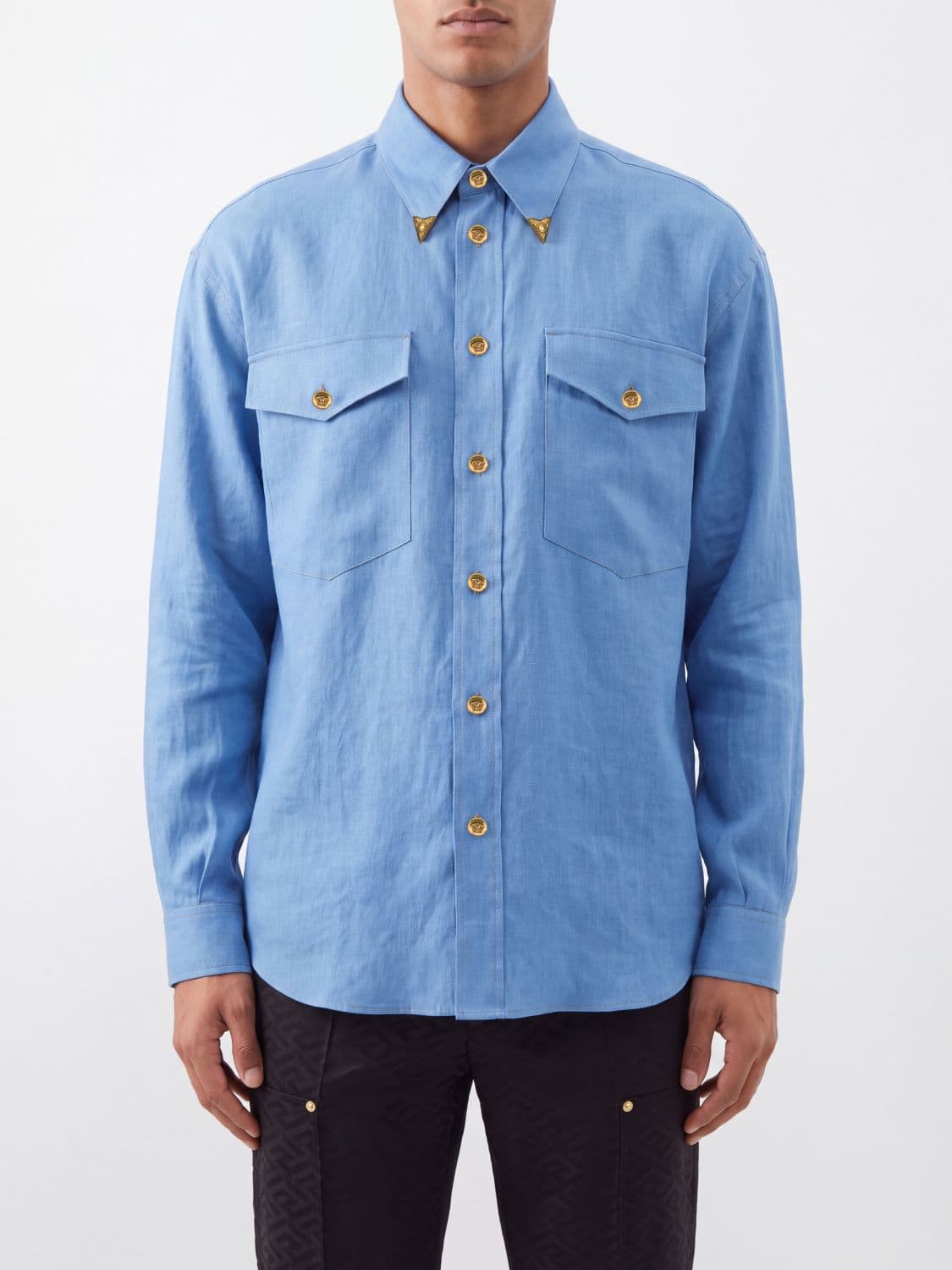 Versace Linen Shirt with French Collar and Patch Pockets
