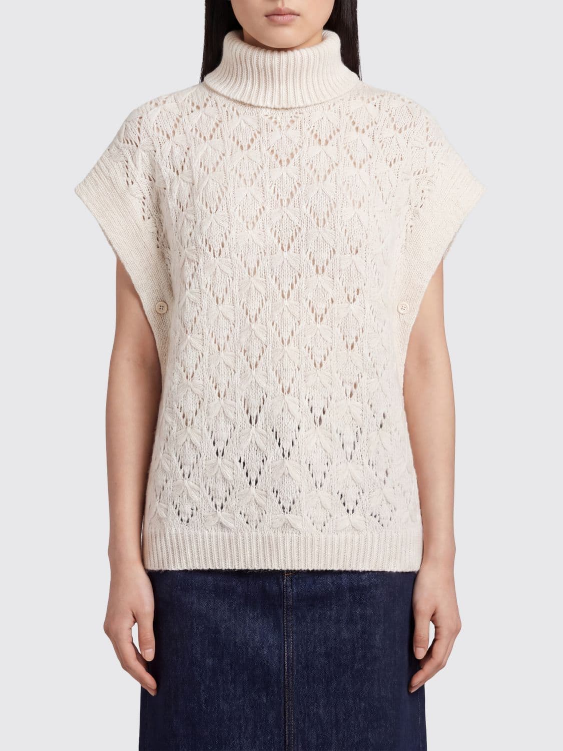 Fabiana Filippi Openwork Wool Turtleneck Cape with Side Buttons