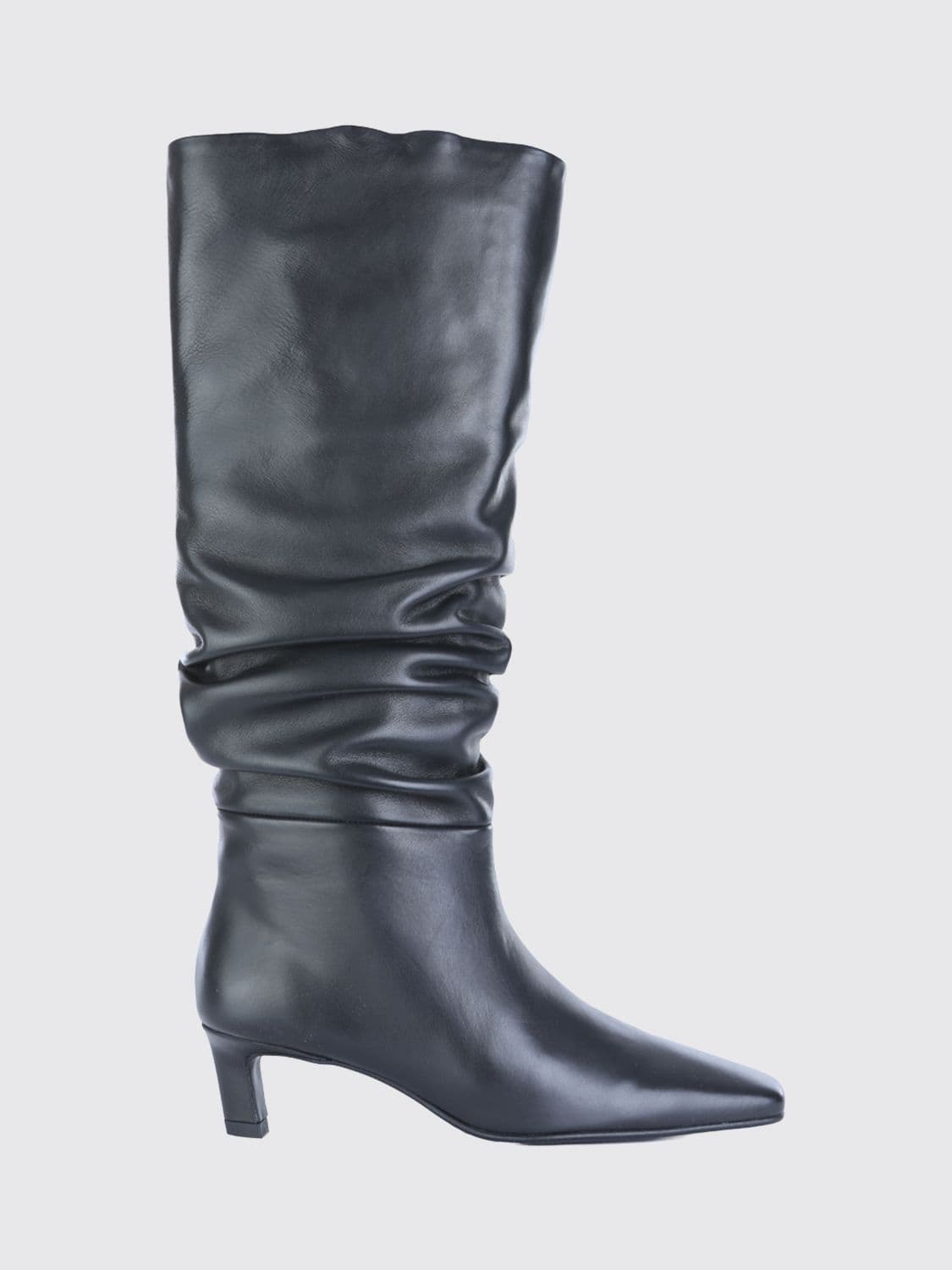Alohas Draped Knee-High Boots in Smooth Leather with Low Flared Heel