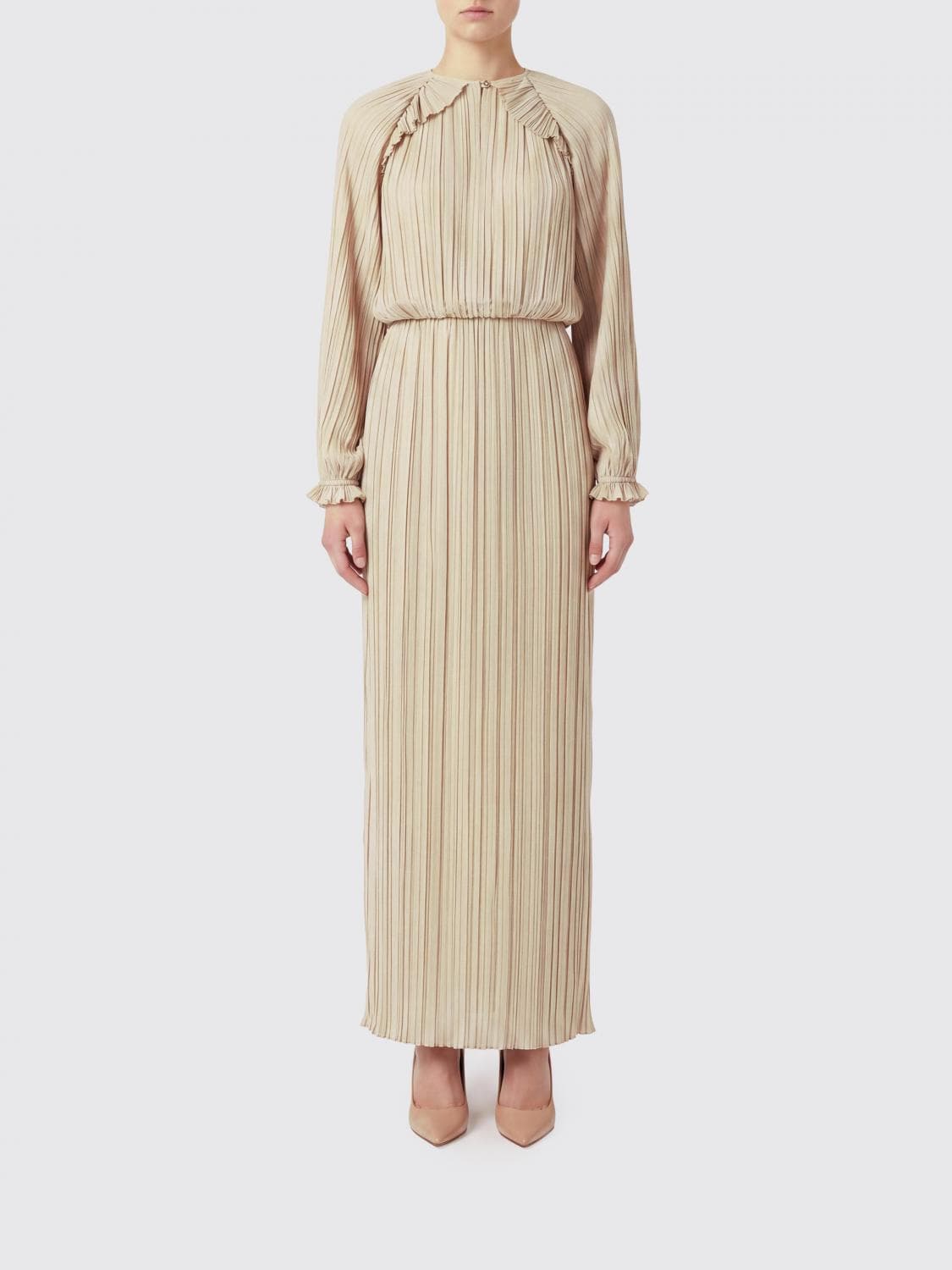Fabiana Filippi Long Pleated Crêpe Tunic with Long Sleeves and a Crew Neck