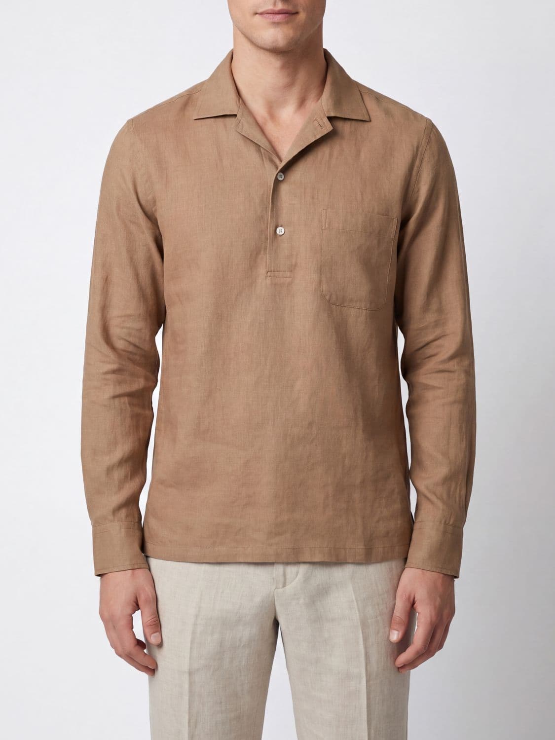 Lardini Long-Sleeved Shirt in Pure Linen with a Cuban Collar and Patch Pocket