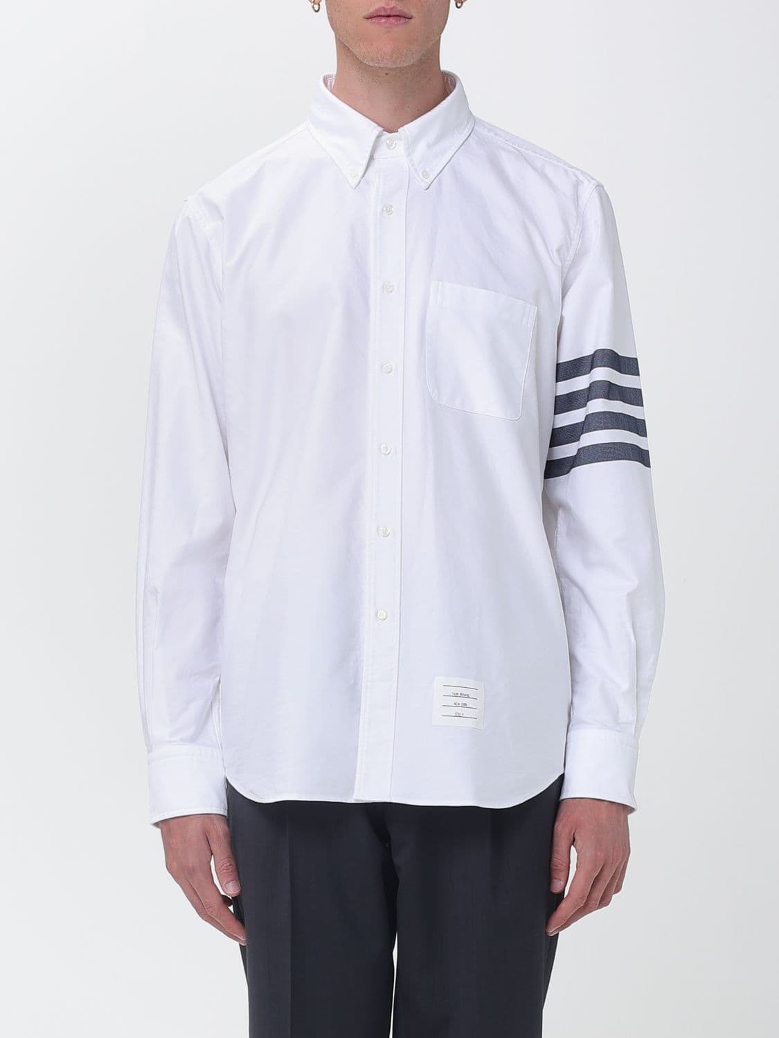 Thom Browne Button-Down Cotton Poplin Shirt with 4-Bar Stripe Motif