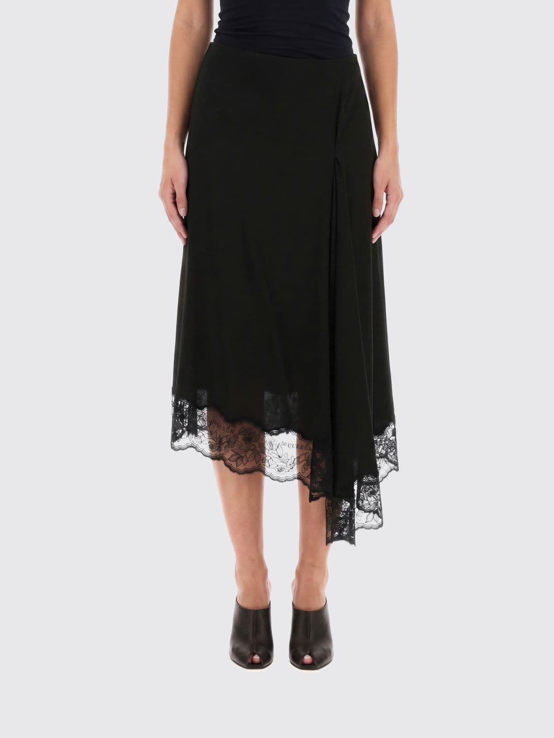 Mcqueen Asymmetrical Midi Skirt in Viscose with Lace Inserts · 42