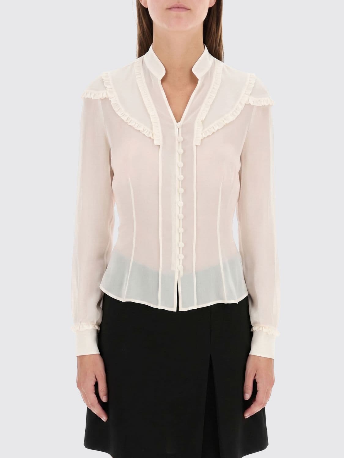 Mcqueen Slim Fit V-Neck Silk Blouse with Ruffle Application