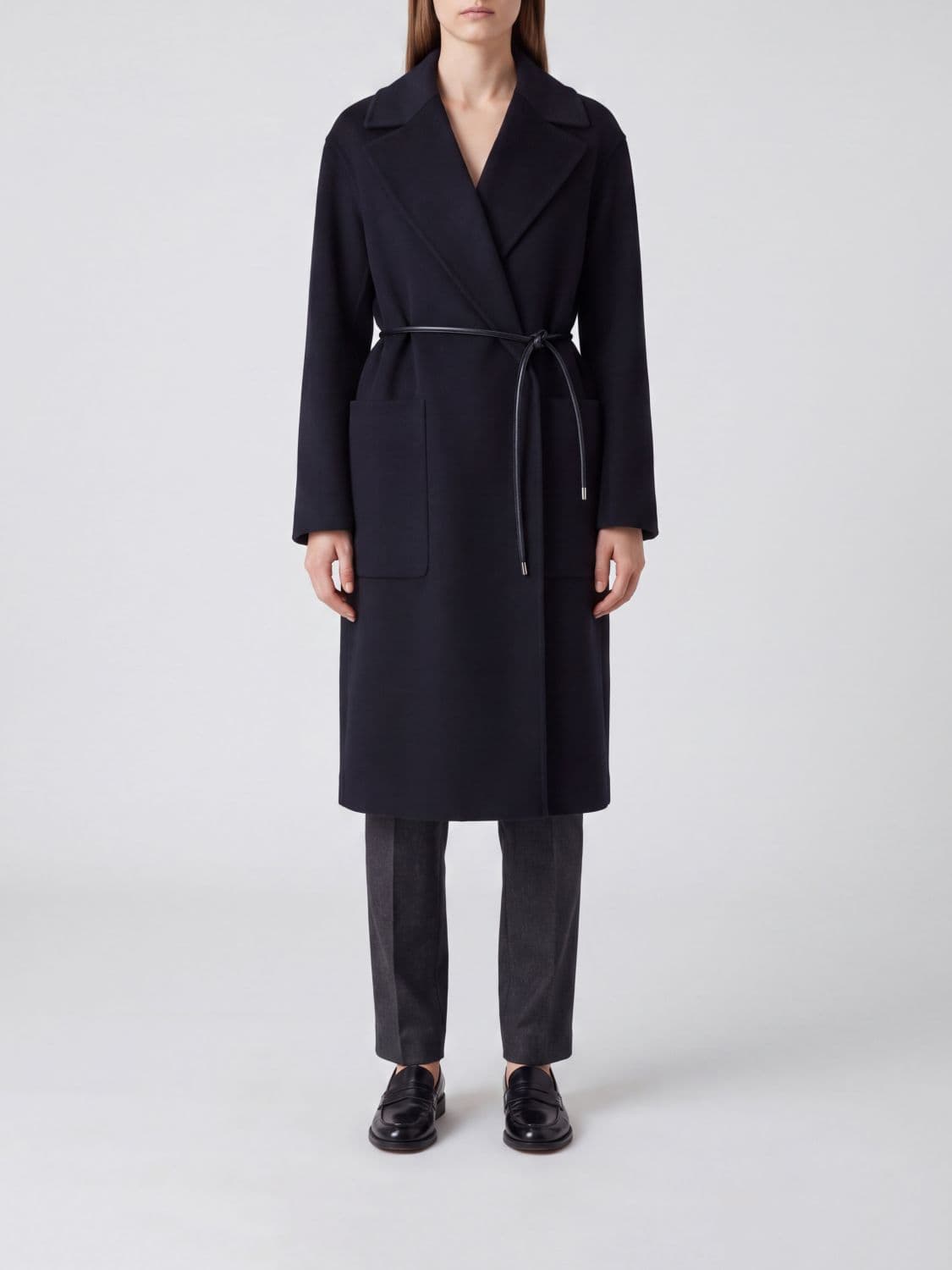 Sportmax Long Virgin Wool Robe Coat with Leather Belt