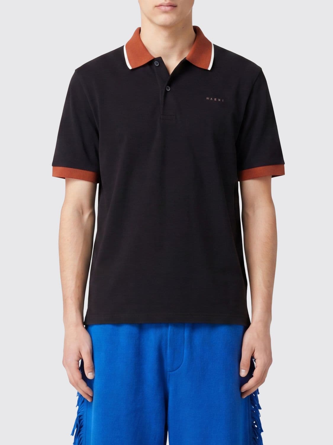 Marni Cotton Polo Shirt with Contrasting Trims and Striped Collar