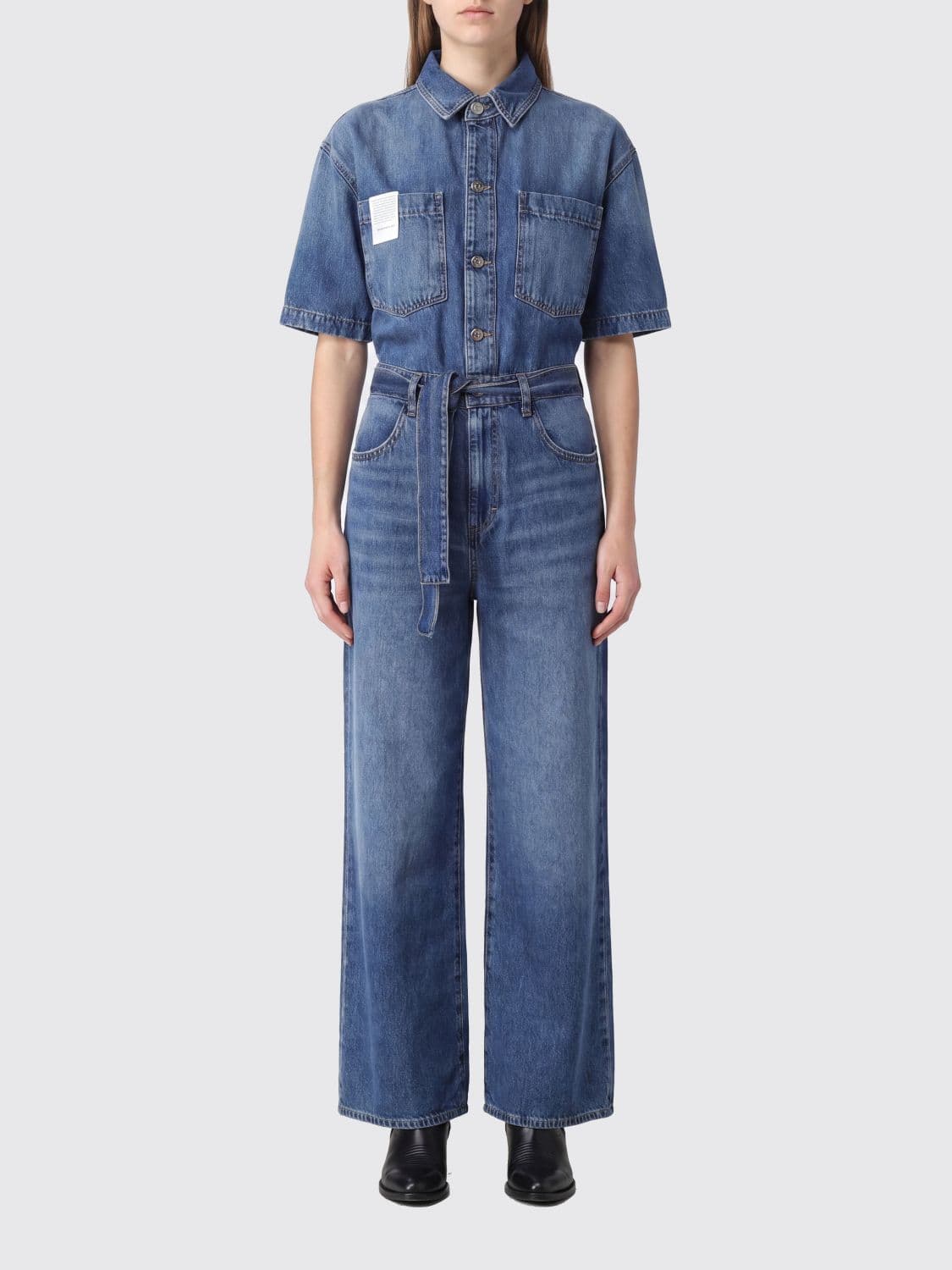 Icon Denim Los Angeles Short-Sleeve Belted Denim Jumpsuit for Women