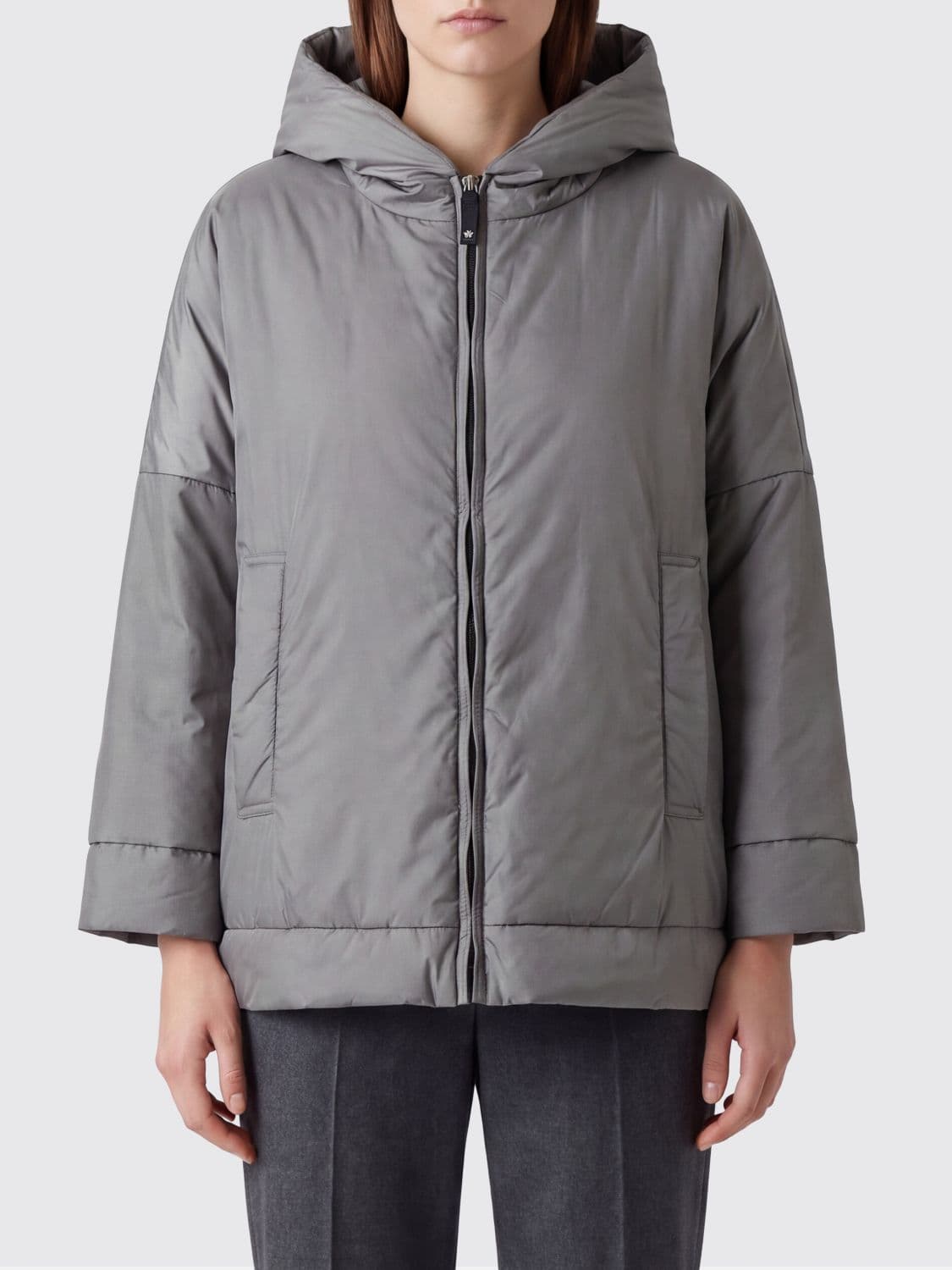 Max Mara The Cube Hooded Short Down Jacket in Technical Fabric with Dropped Shoulders