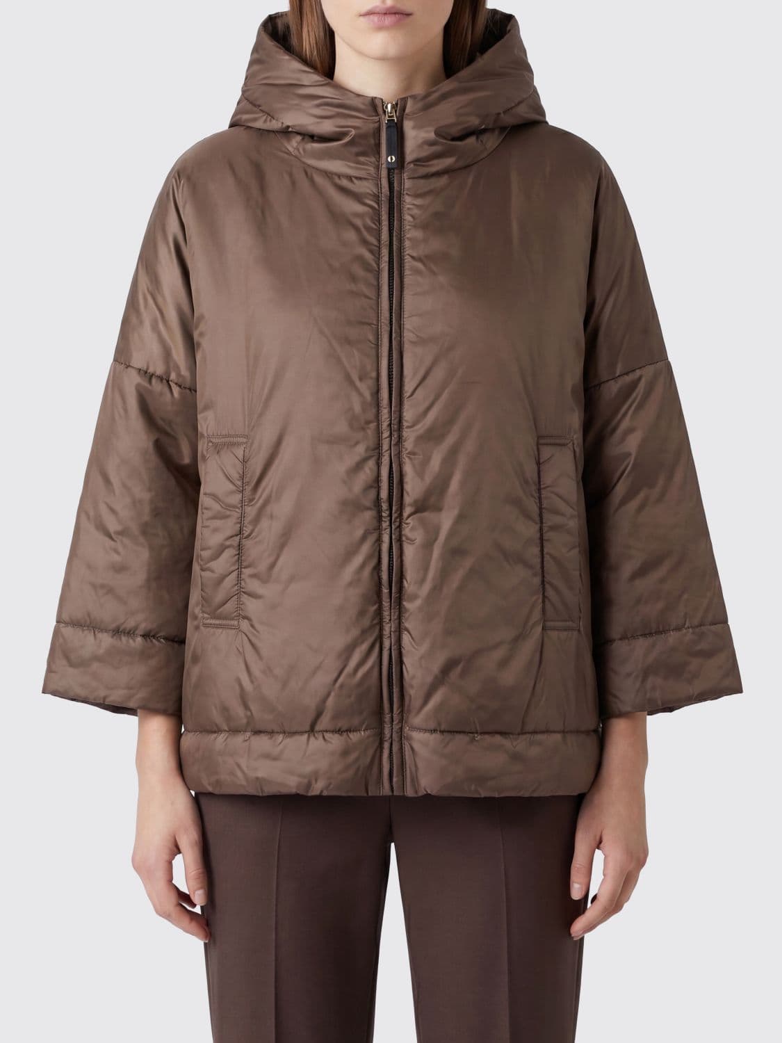 Max Mara The Cube Hooded Short Down Jacket in Technical Fabric with Dropped Shoulders