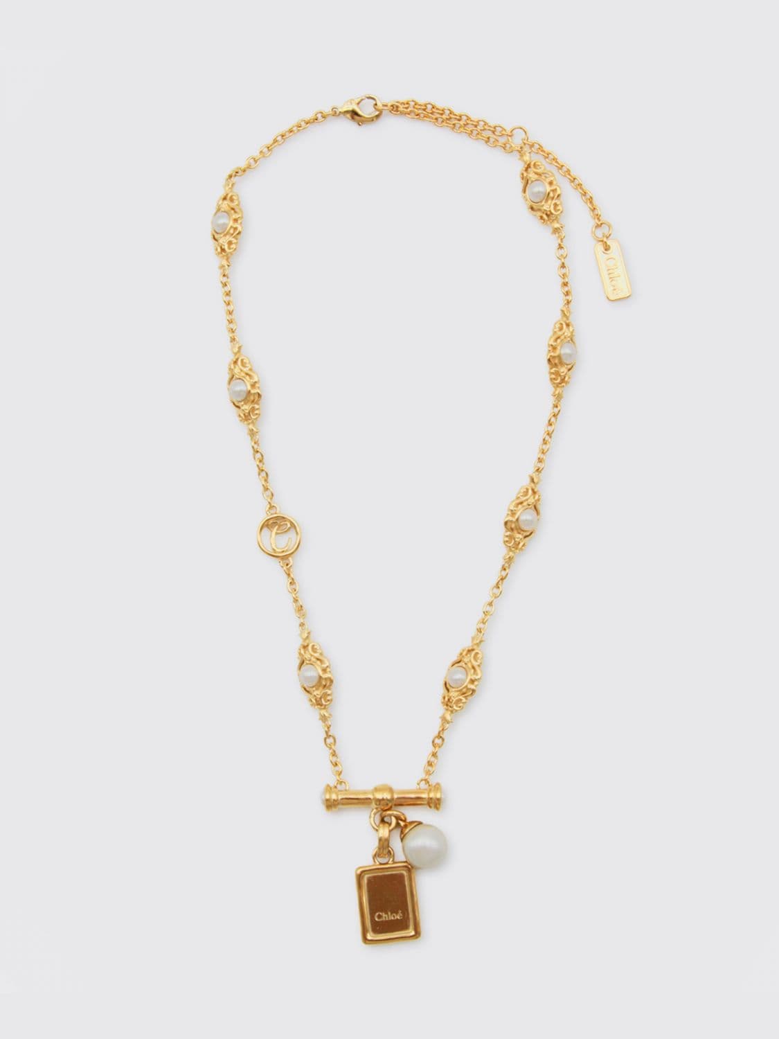 Chloé Gold-Tone Brass Choker Necklace with Faux Pearls and Engraved Logo
