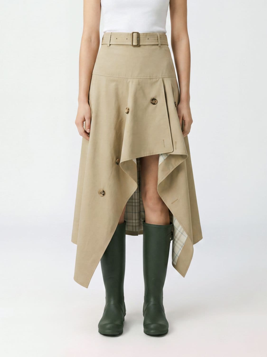 Burberry High-Waisted Asymmetrical Cotton Midi Skirt with Belt