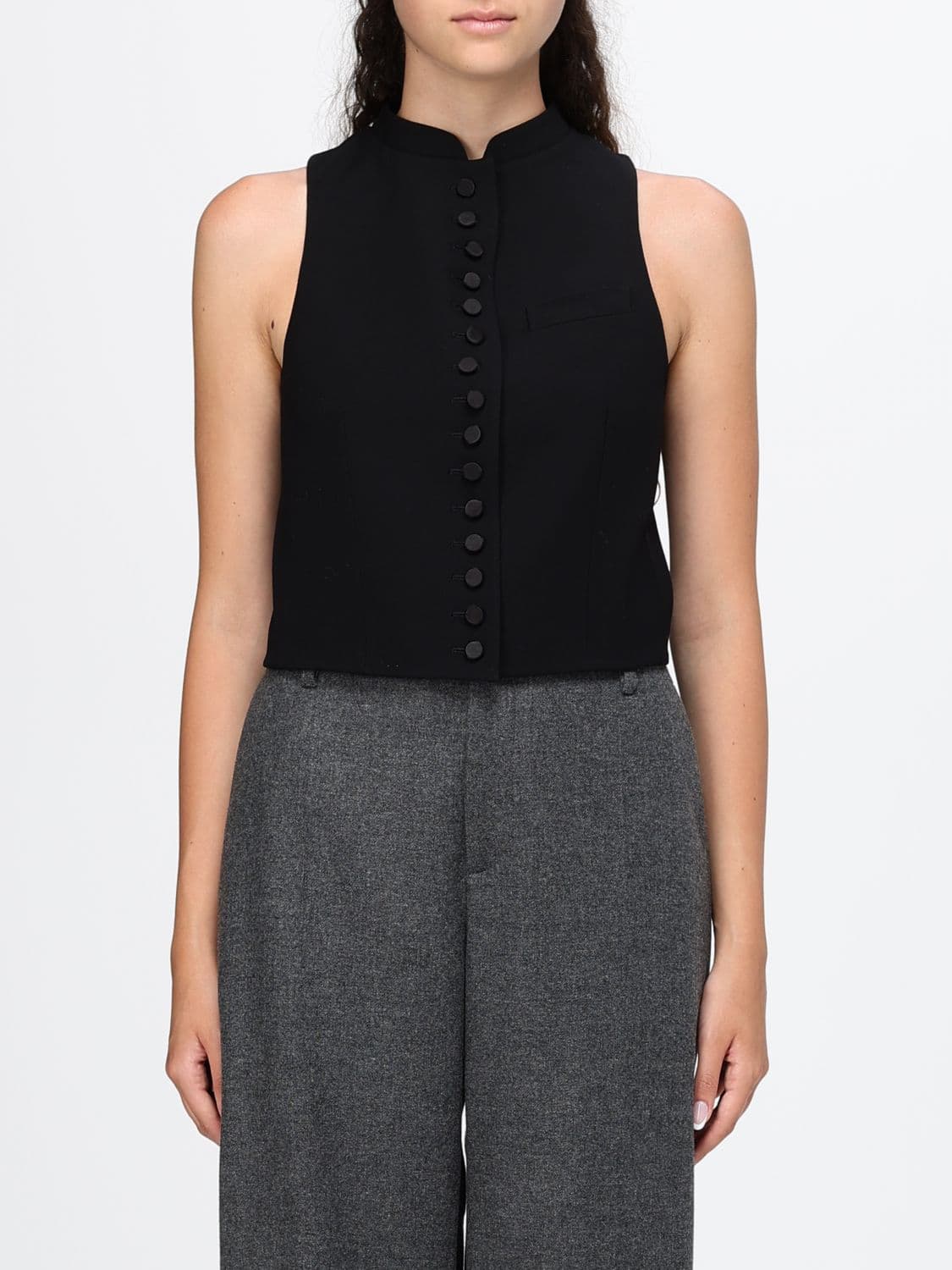 Tom Ford Slim Fit Wool Top with Mandarin Collar and Off-the-Shoulder Design