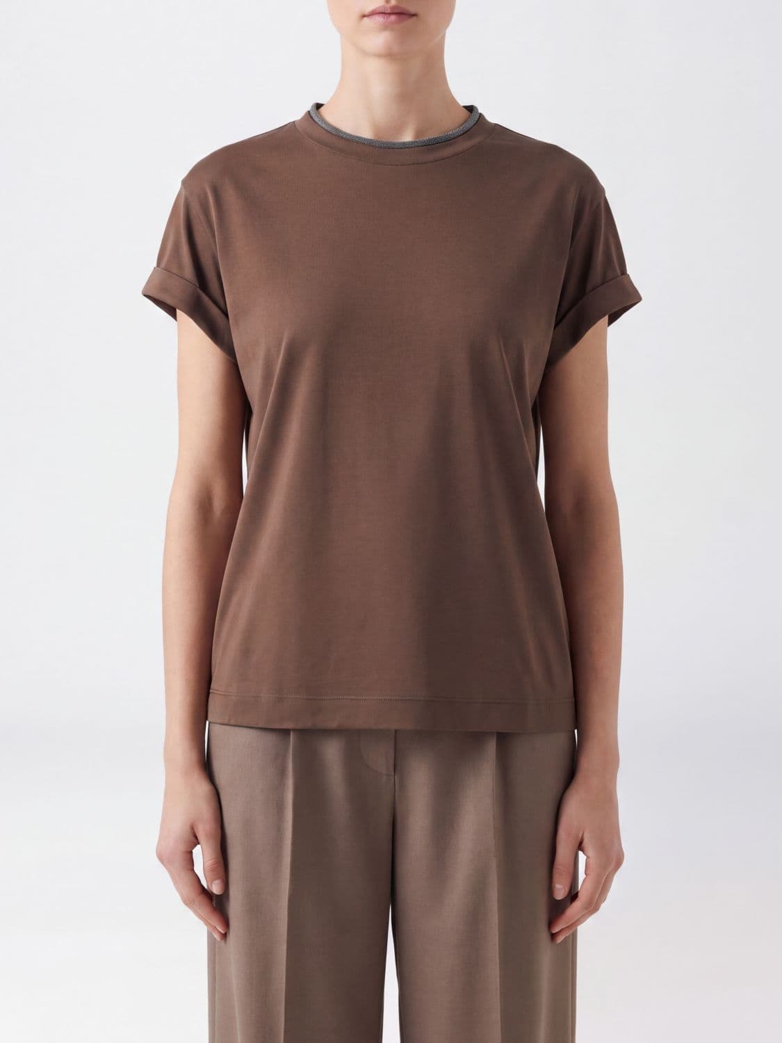 Brunello Cucinelli Stretch-Cotton Crew-Neck T-Shirt with Monili Embroidery