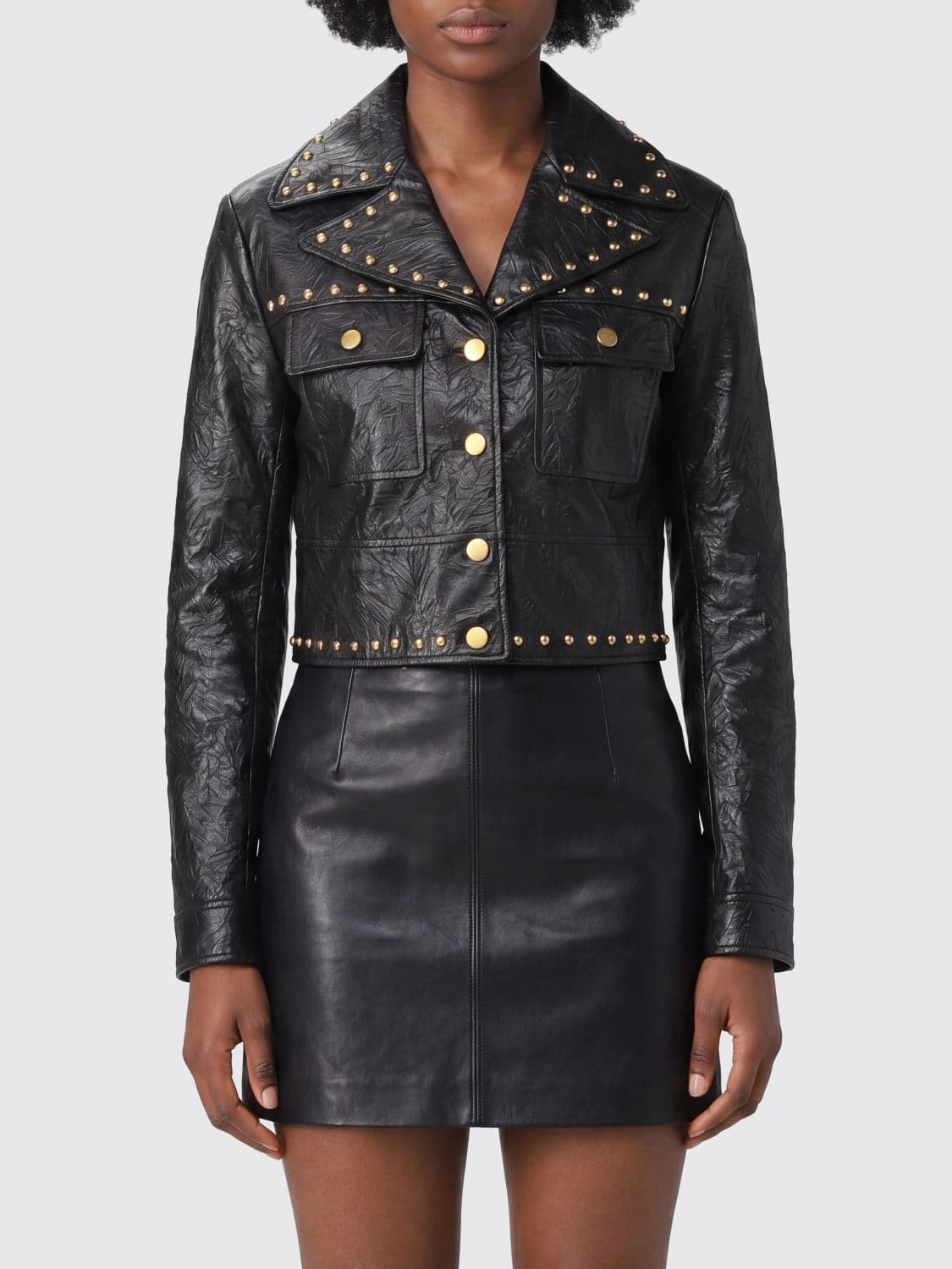 Michael Kors Cropped Studded Faux Leather Biker Jacket