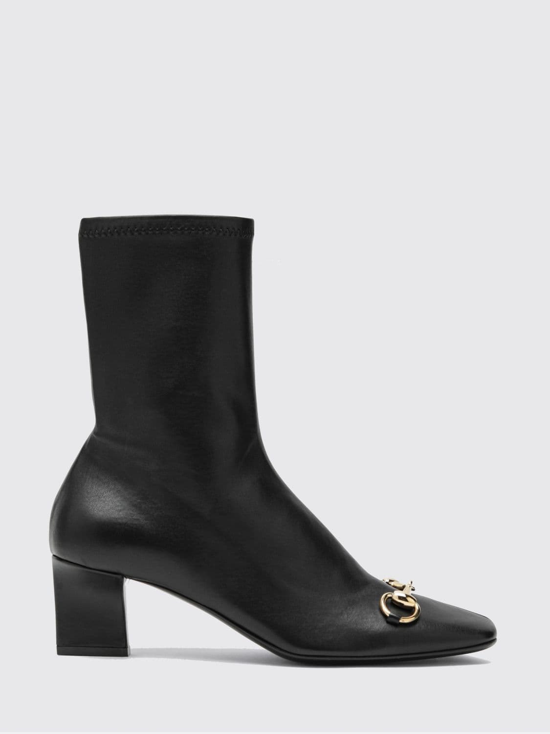 Gucci Signora Stretch Leather Ankle Boots with Horsebit and Block Heel